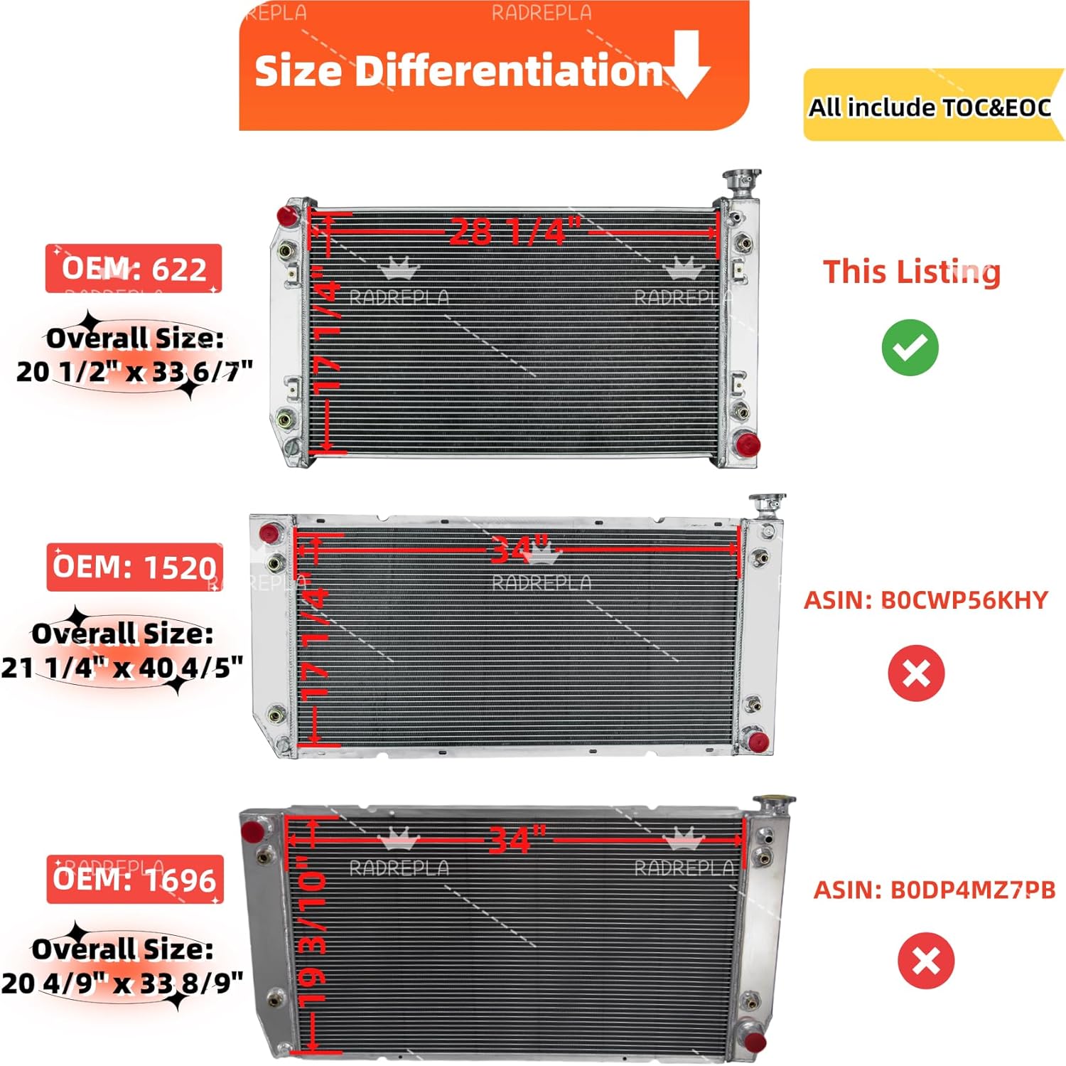 CU622 2 Row Aluminum Radiator for 1988-1999 Chevy GMC C/K C1500 C2500 C3500 Pickup Silverado Suburban Blazer Cheyenne 5.0L 5.7L V8 Crossflow Radiators 88 89 90 91 92 93 94 95 96 97 98 99