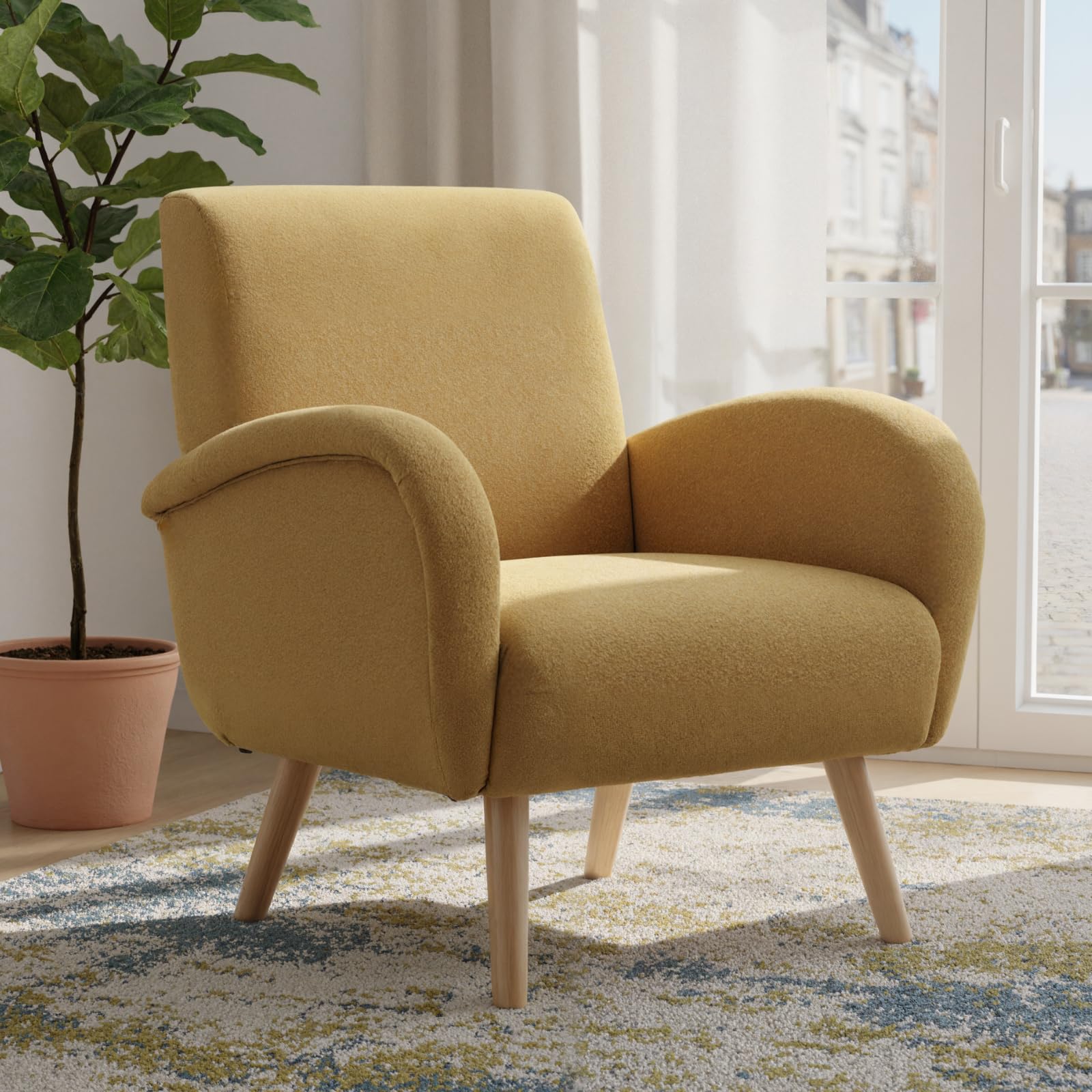 Ya-Home Sessel Wohnzimmer Loungesessel aus Chenille Polstersessel mit Holzbeinen, Clubsessel Sofa für Wohnzimmer/Schlafzimmer, Gelb