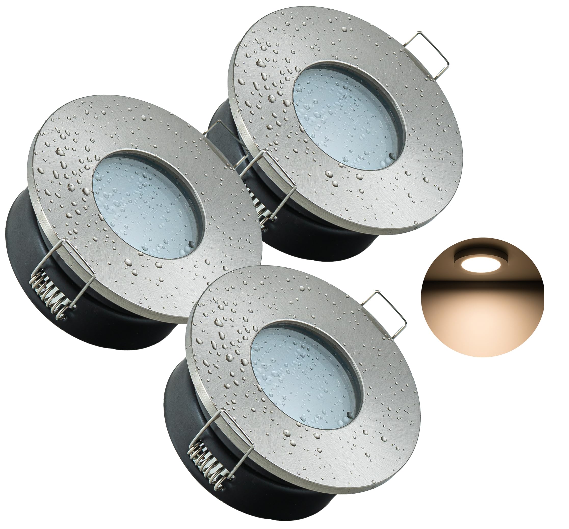 JungesLicht - Faretto da incasso IP65 da 12 V con trasformatore, 3 lampadine LED da 4 W – intercambiabili, foro 68 – 72 mm, esterno 83 mm, profondità 65 mm, set completo, lampada da incasso per bagno