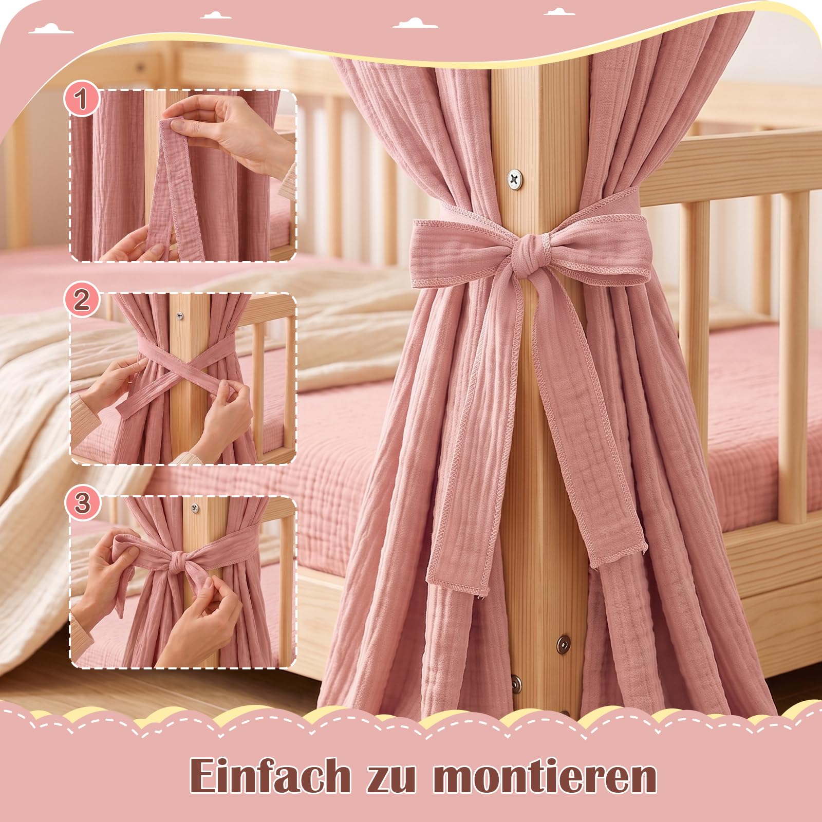 Hausbett Himmel - Betthimmel Hausbett aus 100% Baumwolle Musselin, Hausbett Vorhang für Kinderbett, Hausbett Deko Mädchen, Stoffhimmel für Hausbett & Himmelbett (Rosa, H350 x B135 cm (2 Stück))
