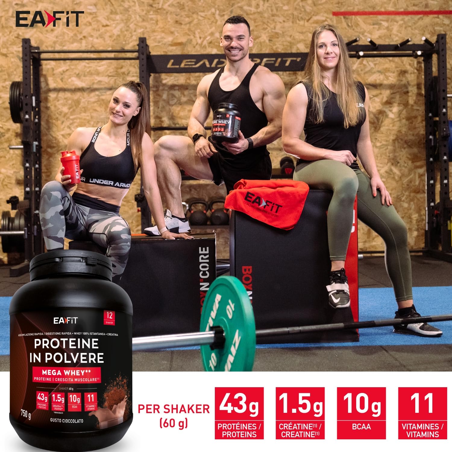 Proteine Whey Mega Whey EAFIT 750g, 100% Proteine in Polvere del Siero del Latte Istantaneo, Cioccolato, BCAA, Creatina, Aminoacidi Enzimi Digestivi, Massa Muscolare, Assorbimento Rapido, Whey Protein | 43 g proteine per shaker, creatina monoidrato 1,5 g,