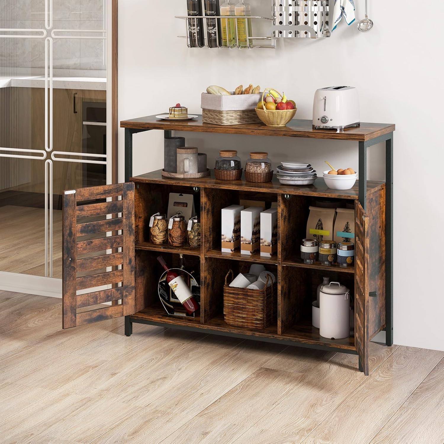 LOKO Industrial Buffet Cabinet, Sideboard Storage Cabinet with Push-to-Open Slatted Door & 3 Adjustable Shelves, Coffee Bar Station with Anti-Tipping Kits, for Kitchen, Living Room, Rustic Brown