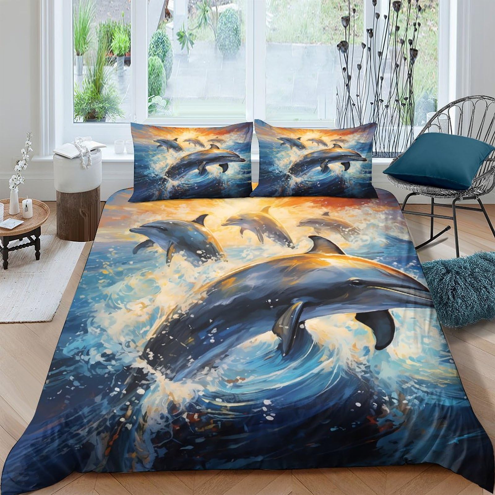 Ctjqhvkz Style-4 3D Printed Ocean Dolphin Fitted Sheet Microfiber Soft Blue Sunset Sea Mattress Cover For Bedroom Guest Room Decor Single（135X200cm）