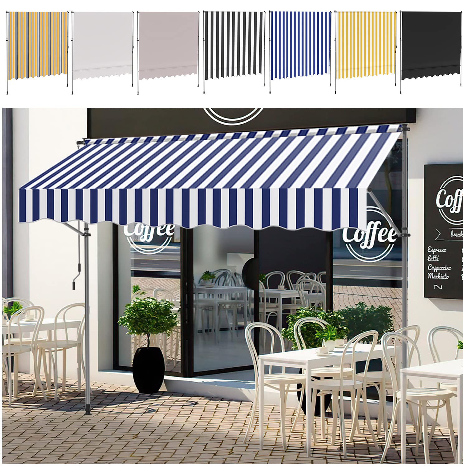 Ikodm Klemmmarkise mit Handkurbel 300cm Blau Weiß Balkonmarkise ohne Bohren, UV-beständig 50+ höhenverstellbar Sonnenschutz wasserabweisend, einfache Montage