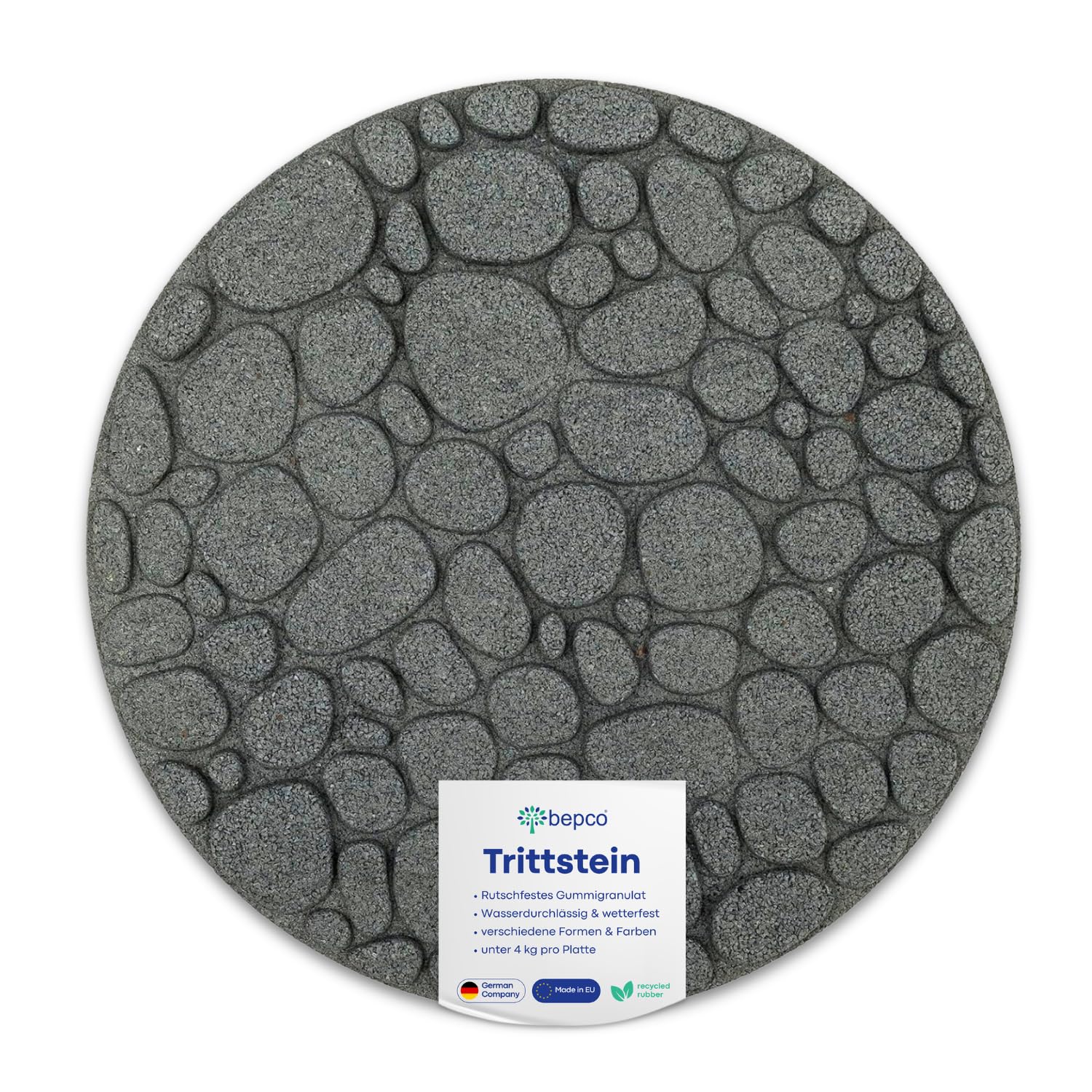 bepco Trittstein Gartenplatte Beetplatte Laufplatte Wegplatte 4er-Set, Gummi (4er-Set Trittsteine Flussstein aus recycelten Gummi, Ø 46 x 2,2 cm, grau)