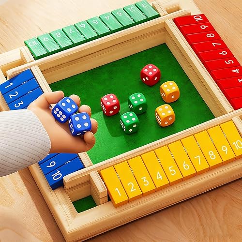 Miniatura 2 de Juego de dados de madera para cerrar la caja, juego de mesa de matemáticas para 4 jugadores con 8 dados, juego educativo de mesa familiar para niños