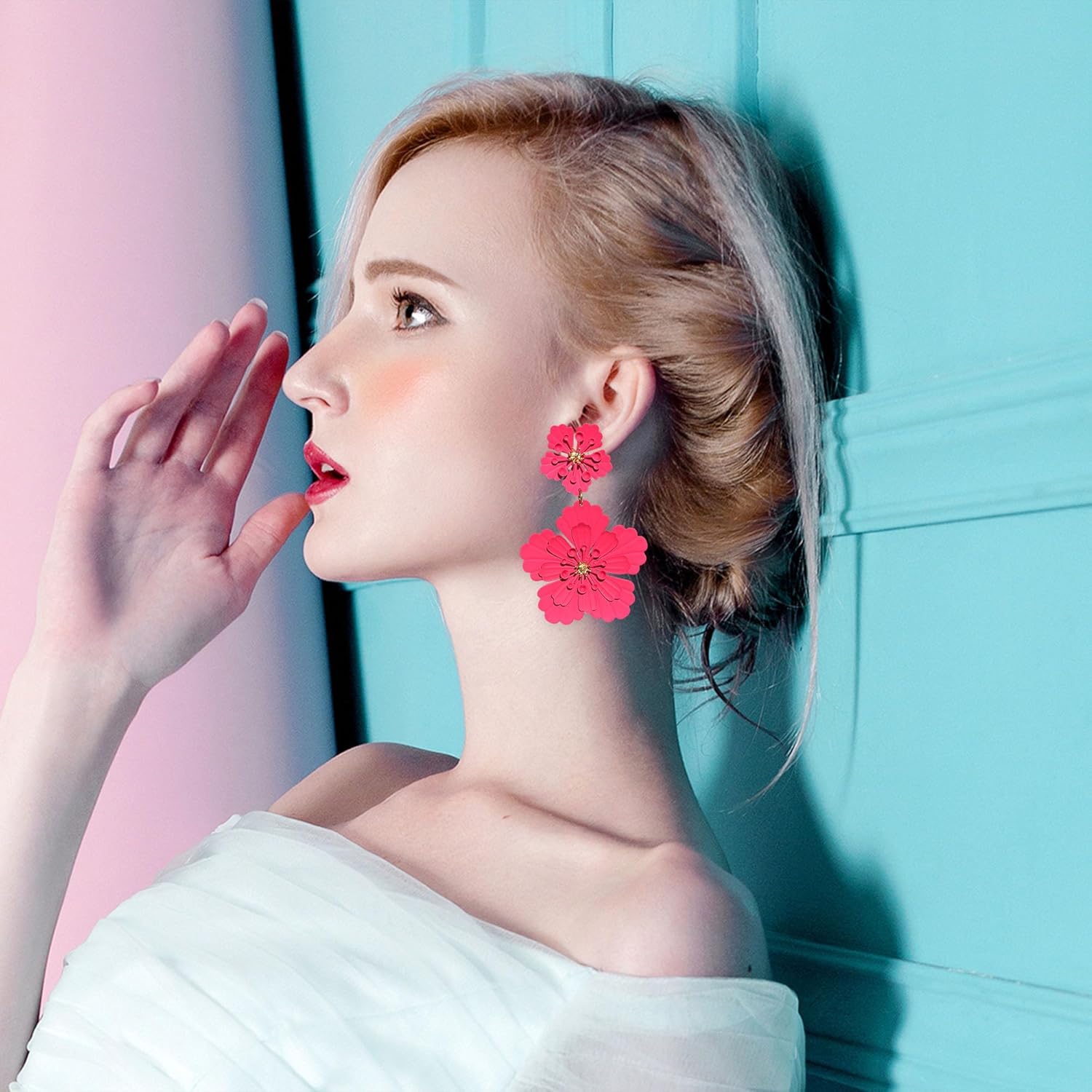 Exaggerate Metal Bohemian Large Metal Double Flower Earring Statement Dangle Drop Wedding Earrings For Women Cute Statement Jewelry Gifts - Image 2