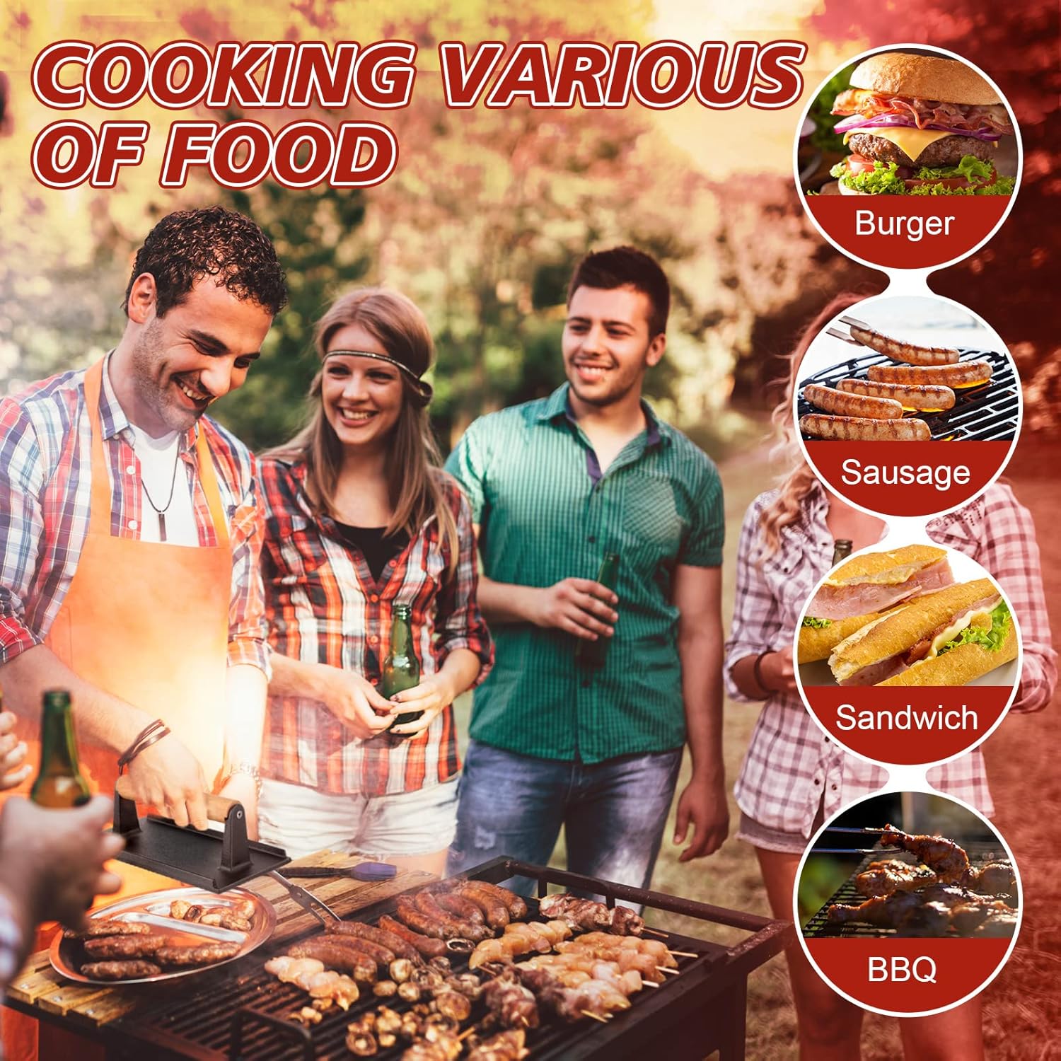 3 Pcs Cast Iron Grill Press 8 x 4 Inch Bacon, Burger and Sandwich Press for Griddle Grill 2.2 Lbs Cooking Weight