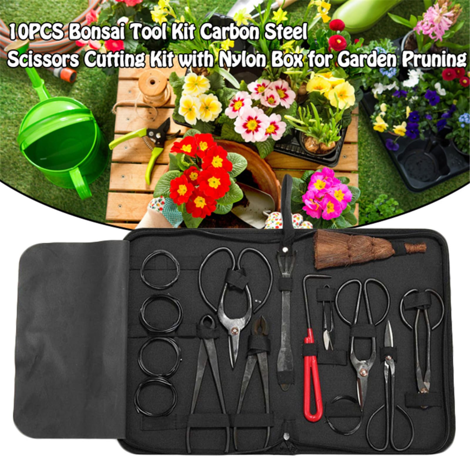 Kit de herramientas de jardinería de acero al carbono, 10 piezas | kit de iniciación con estuche de nailon duradero, herramientas multifuncionales para adelgazar y podar raíces