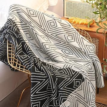 Black and White Throw Blankets, Knitted Modern Patterned Throw Blanket, Soft Lightweight Woven Throw Blanket for Sofa Couch Bed and Living Room, Black&White 50x70 Inch