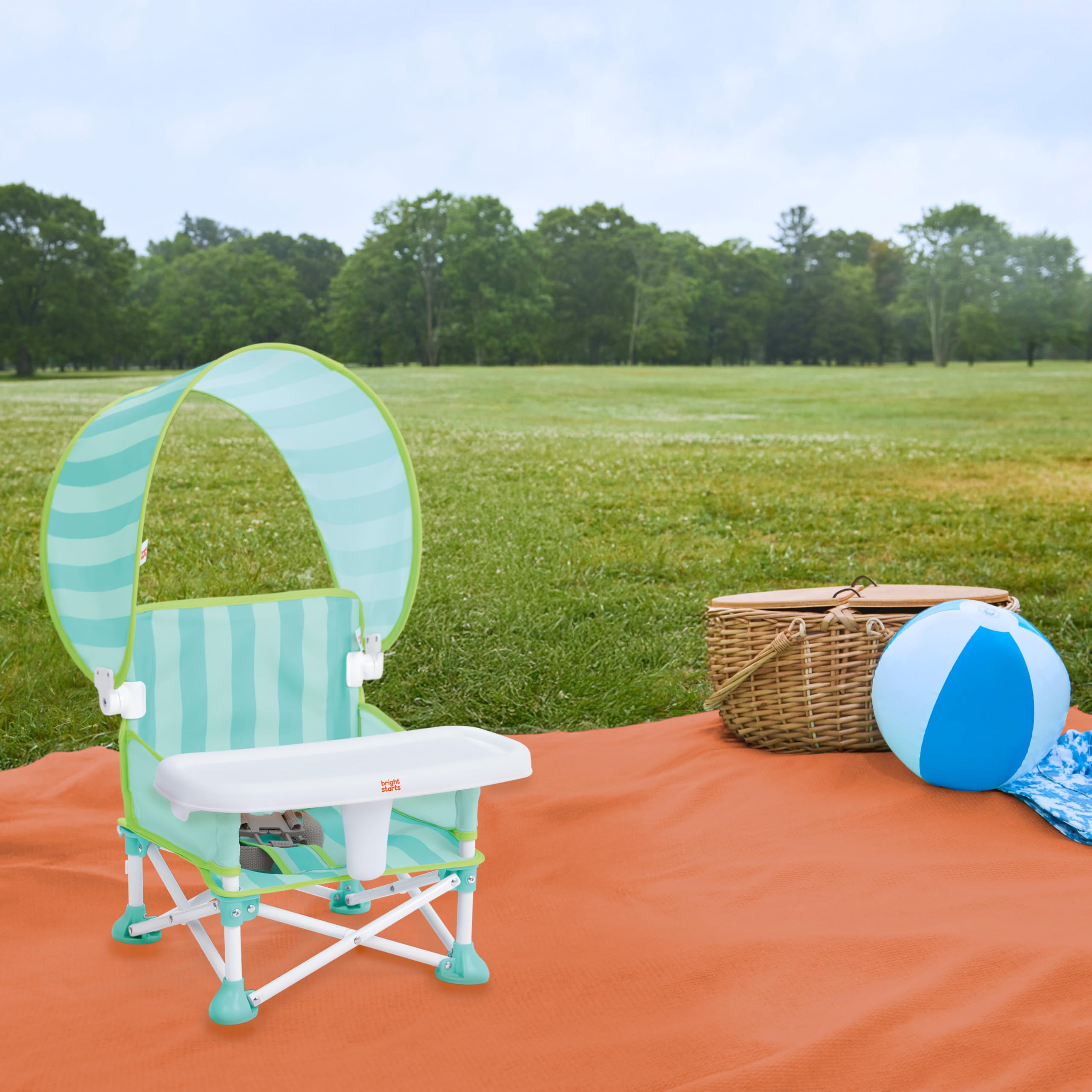 Bright Starts, Rehausseur portable Pop ’N Sit Cabana, parasol UPF, siège sol, intérieur extérieur, pliable compact, 6 mois 3 ans