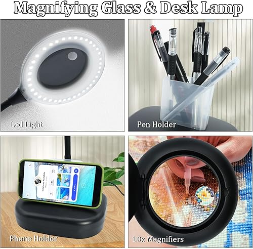 Miniatura 3 de Lupa 2 en 1 10X con luz y soporte, lámpara de escritorio con aumento de cuello de cisne flexible, lupa de luz ajustable con soporte para bolígrafo