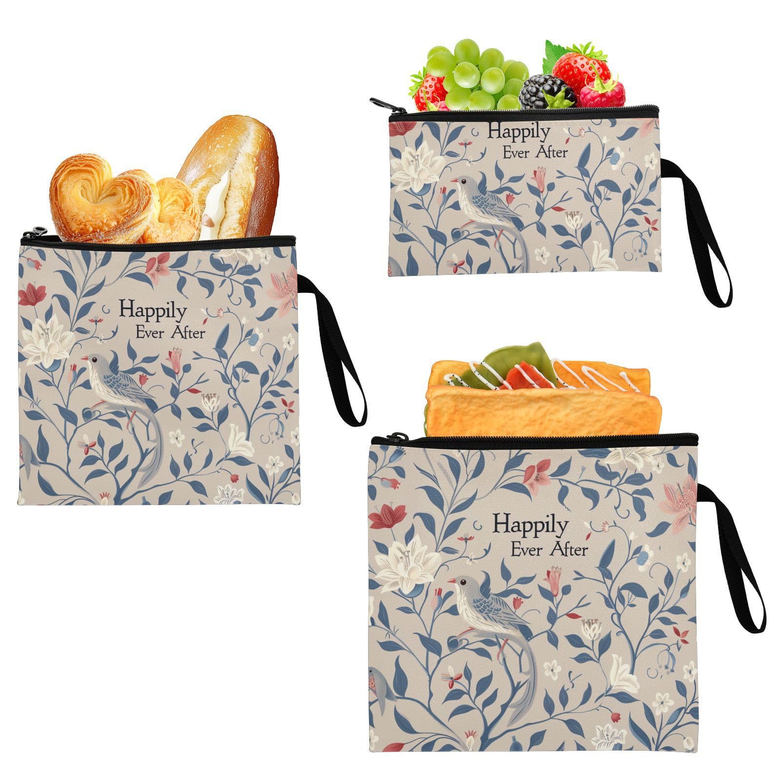Yoogain William Morris Style Happily Ever After Taupe 3-Pack Reusable Zipper Snack Bags Portable Food Storage for Women Girls Trip