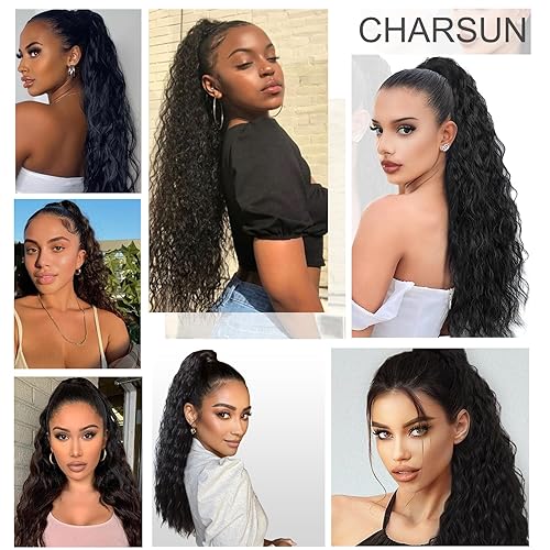 Miniatura 6 de Extensión de cola de caballo larga y rizada para mujeres y niñas, extensiones de cabello con clip con cordón sintético para uso diario (marrón claro)