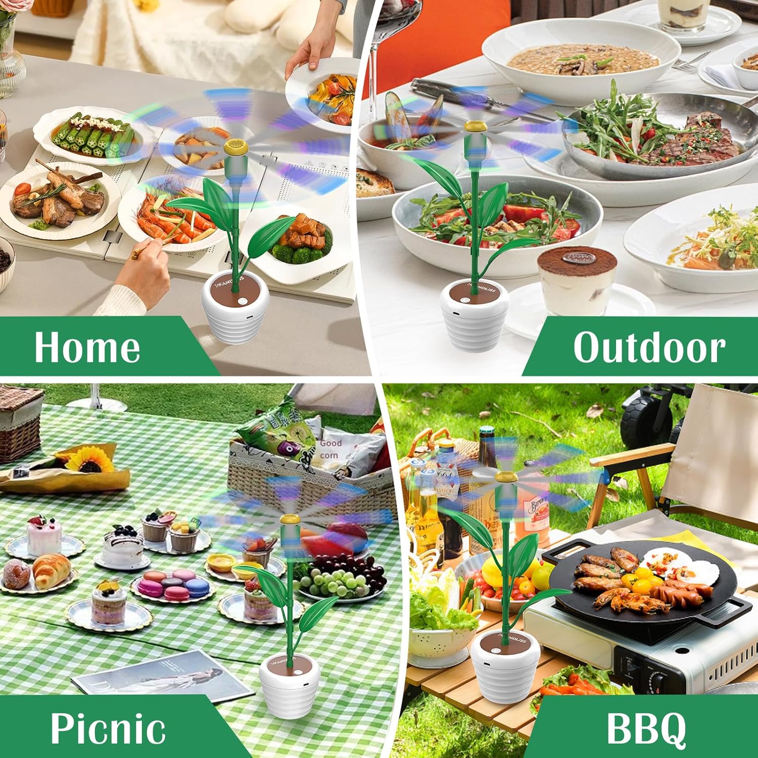 Fly Fans for Tables, Flowerpot Modeling Fly Repellent Outdoor Indoor, Portable Tabletop Fly Fan, Food Fans for Camping, Picnic, Fishing, USB & Battery Powered (3 Packs)