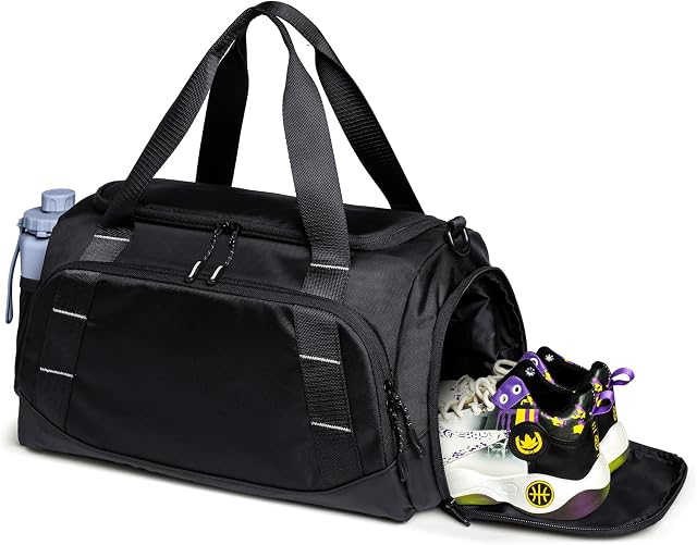 Petit sac de gym pour hommes, sac de voyage avec compartiment de chaussures, 16L Sac deuffel pour les sports, l'entraînement et les voyages, Noir