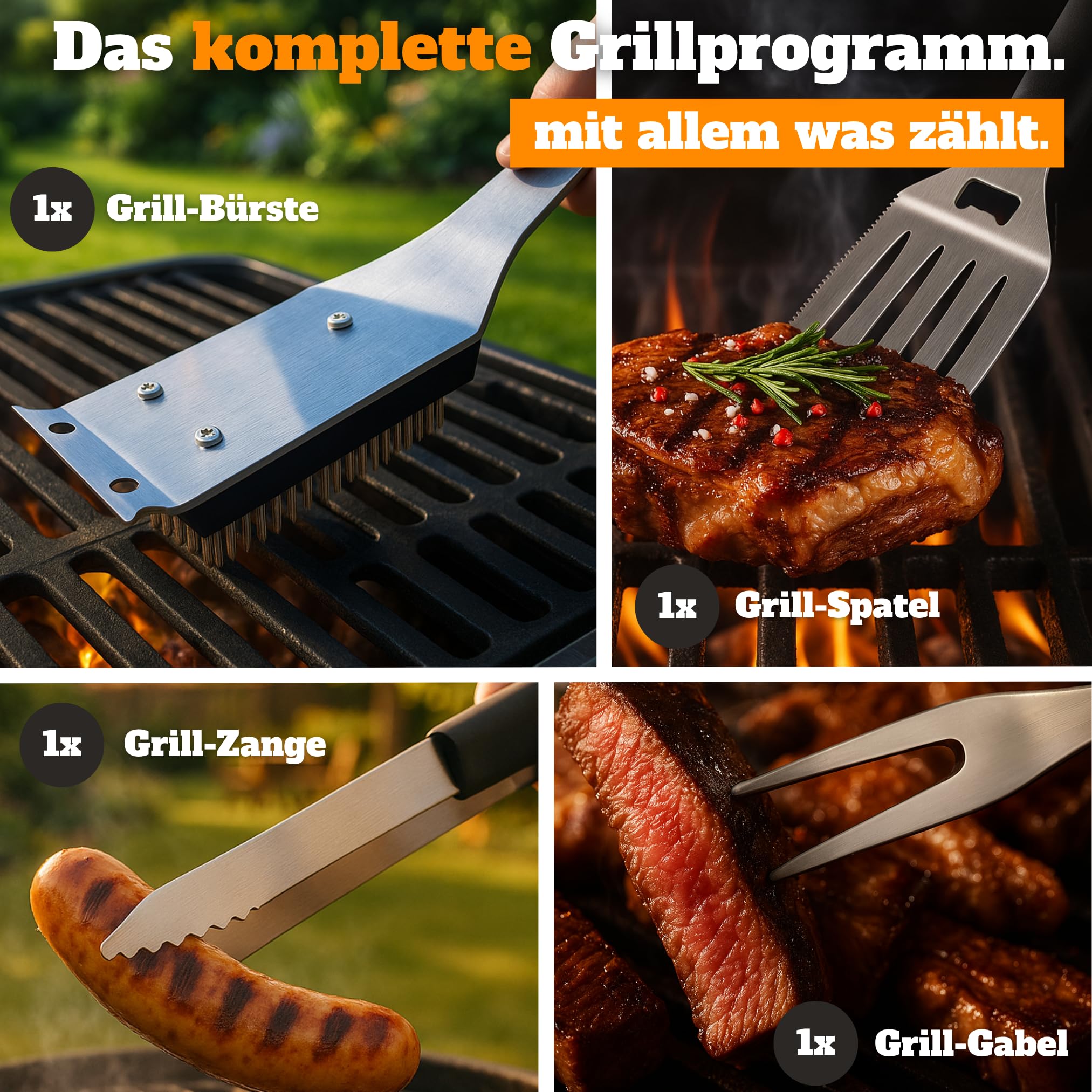 Zestaw do grillowania dla mężczyzn, prezent w drewnianej skrzynce, zestaw sztućców do grilla ze stali nierdzewnej, szpatułka 3 w 1 i szczotka do czyszczenia, idealny zestaw do grilla