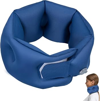Inflatable Neck Pillow, Travel Pillow for Airplane, Traveling, Office, and Car, Chin Support Neck Relief - Airplane Travel EssentialsBlue