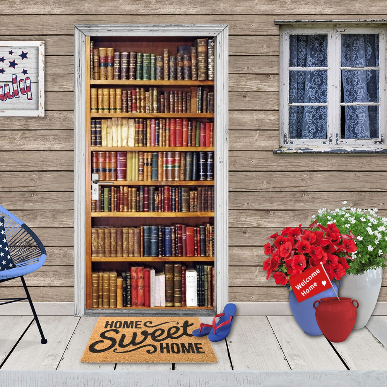 Sticker Porte 3D Bibliothèque En Bois – Effet Trompe-l’œil, Autocollant Décoratif Pour Salon, Chambre, 93x205 Cm
