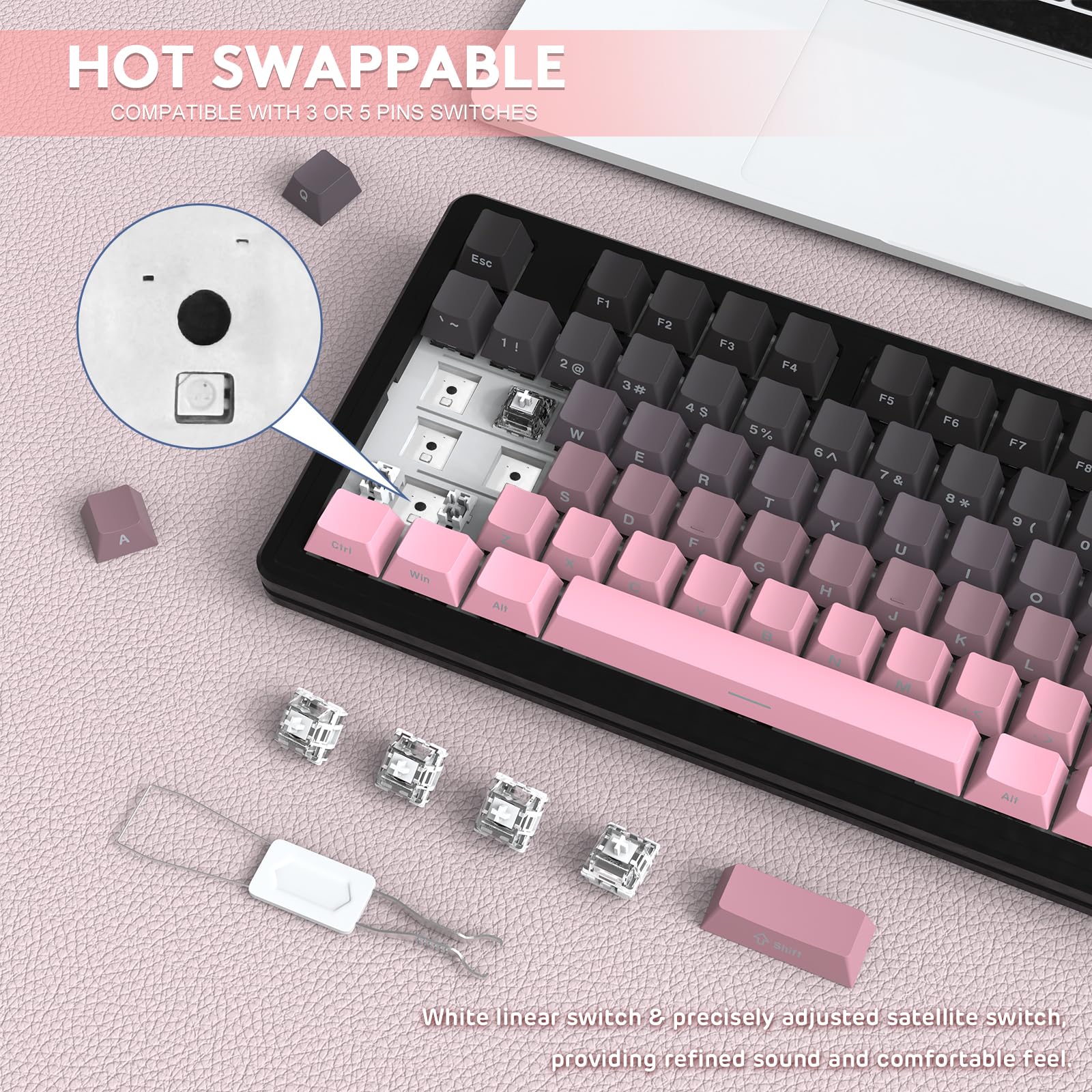 LexonElec x Attack Shark M87 Wireless Gaming Keyboard, BT y 2,4G y Cable, QWERTY 75% RGB Teclado Mecánico, Hot-Swap Interruptor Lineal, Teclas PBT Degradado con Impresión Lateral - Negro/Rosa