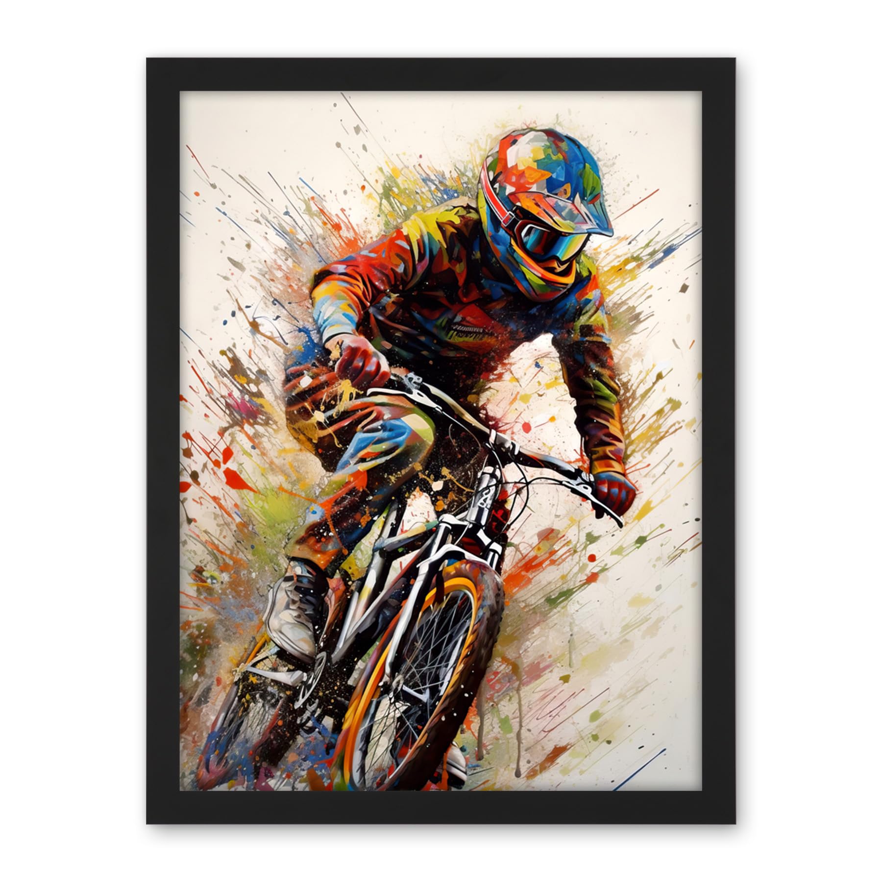Artery8 Mountain Biker Portrait Splat Paint Action Shot Artwork Framed Wall Art Print 18X24 Inch