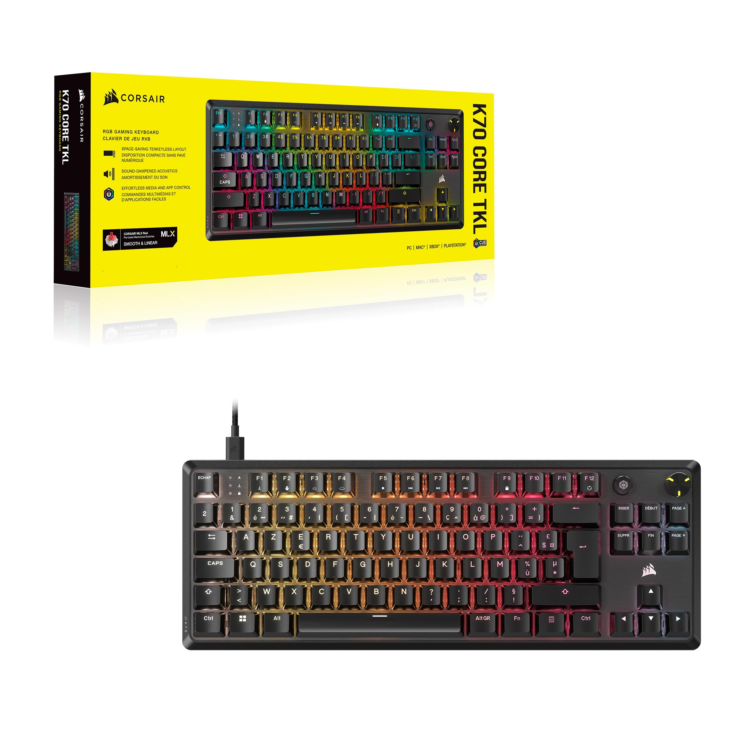 Corsair K70 Core TKL RGB Clavier de Jeu Mécanique sans Clé – Interrupteurs Linéaires MLX Red v2 Pré-Lubrifiés – Double Couche d'Atténuation du Son – Capuchons de Clé en ABS – AZERTY FR – Noir
