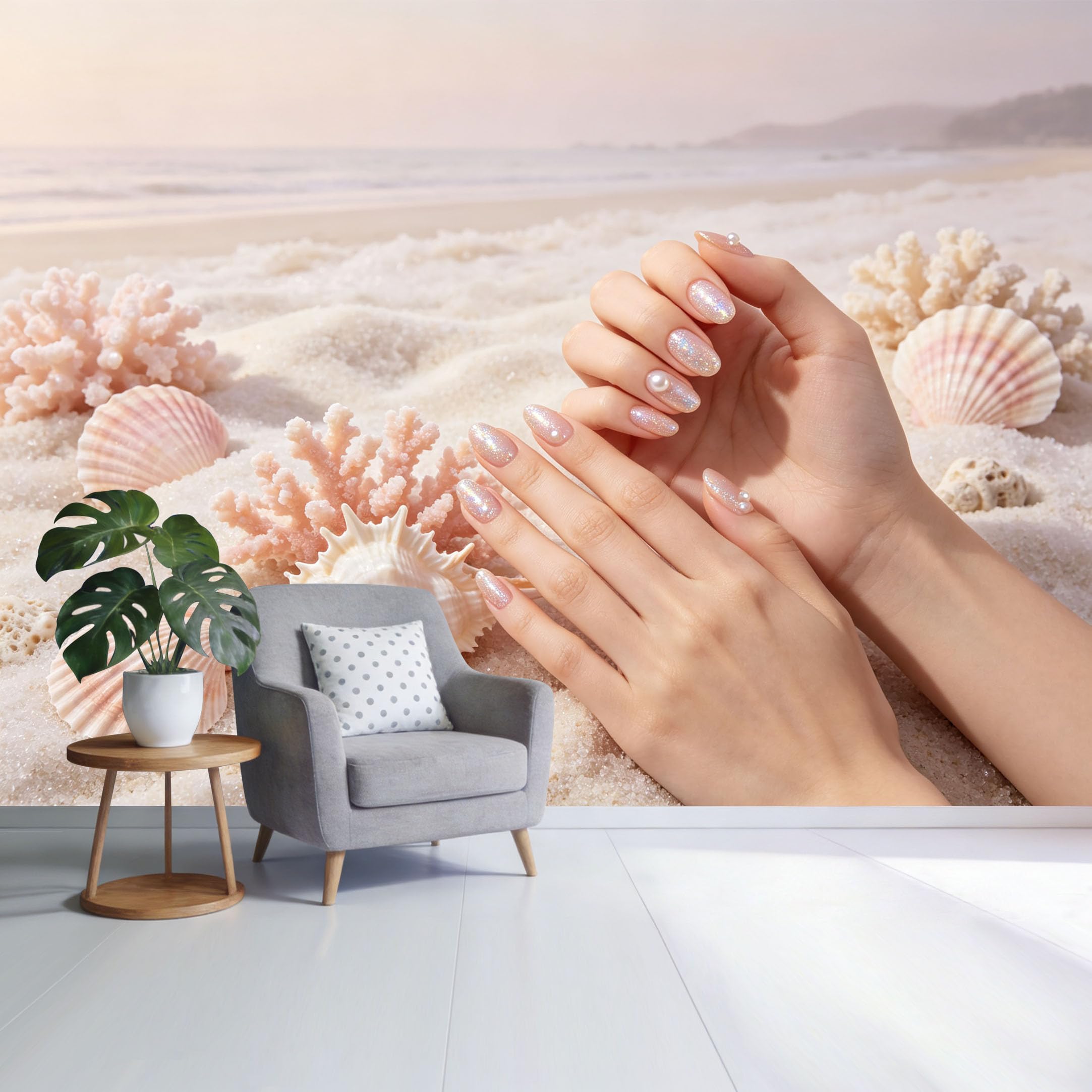 Custom Size Wall Mural Coastal Seashells Coral Beach Hands Sparkling Pearl Sand Ocean Shore SelfAdhesive Wall Fabric Removable Wallpaper for Home Office Decor