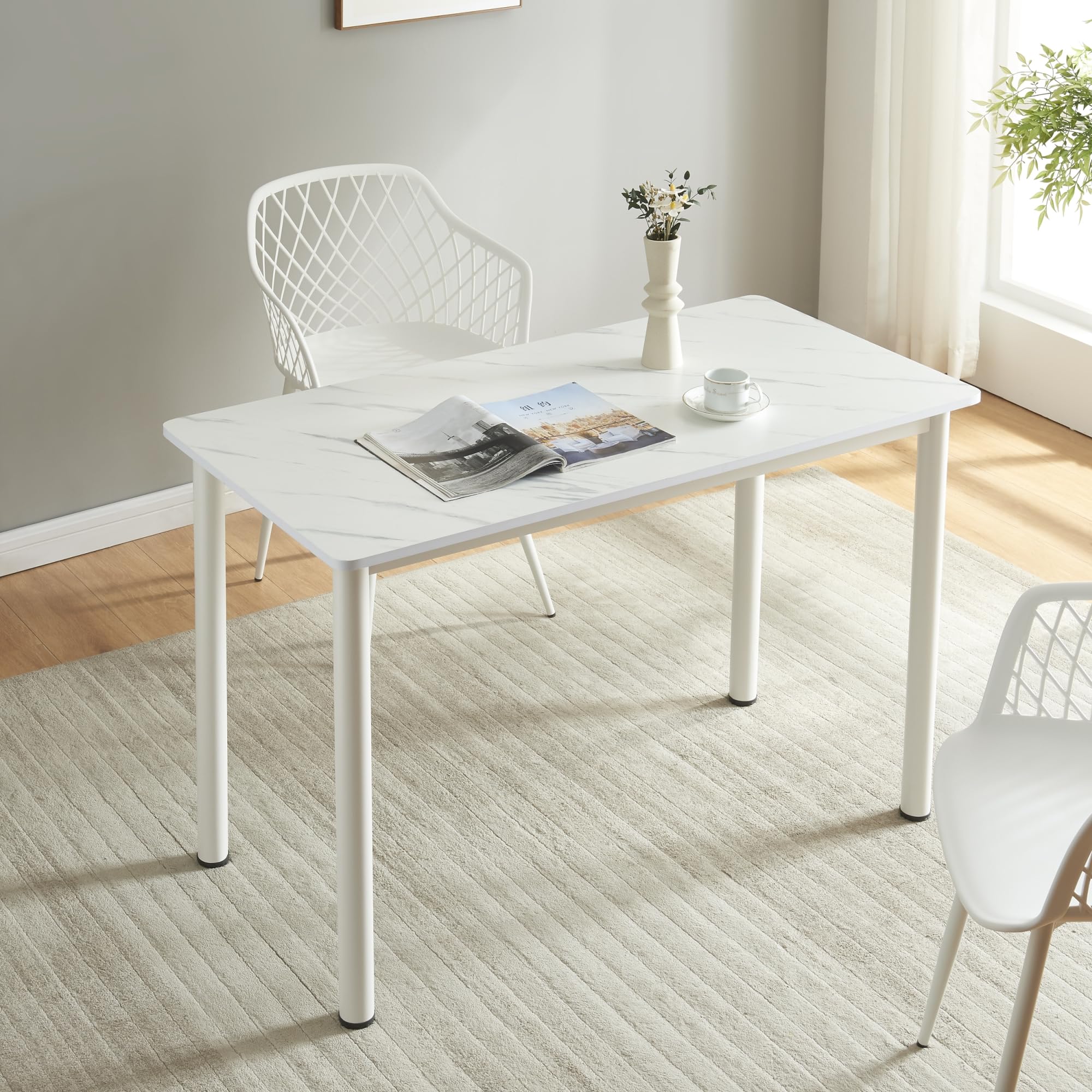 [en.casa] Mesa de Comedor Tammela Rectangular Mesa de Cocina Oficina para 4 Personas Resistente a Arañazos Patas de Acero Tablero de MDF Revestida de Melamina 120 x 60 x 75 cm - Mármol Blanco