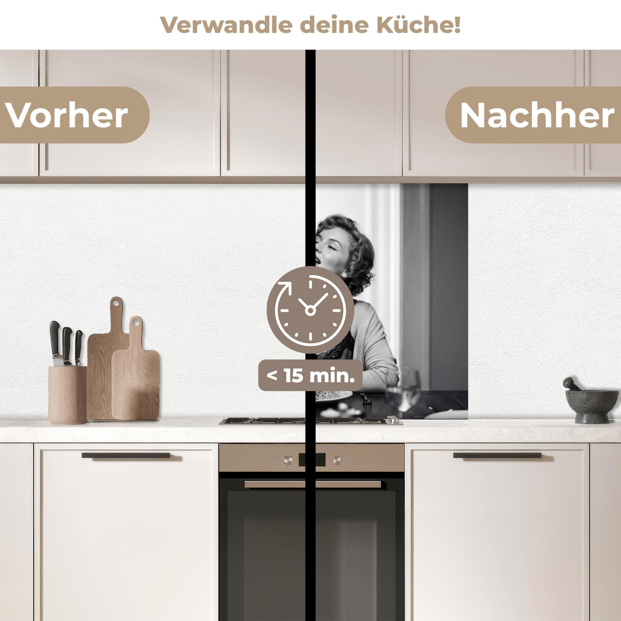 KitchenYeah© Spritzschutz Küchenrückwand 60x80 cm Küche Abwaschbar Selbstklebend Küchenwand Küchenfront Küchen Rückenwand Wandschutz Frau - Spaghetti - Schwarz - Weiß