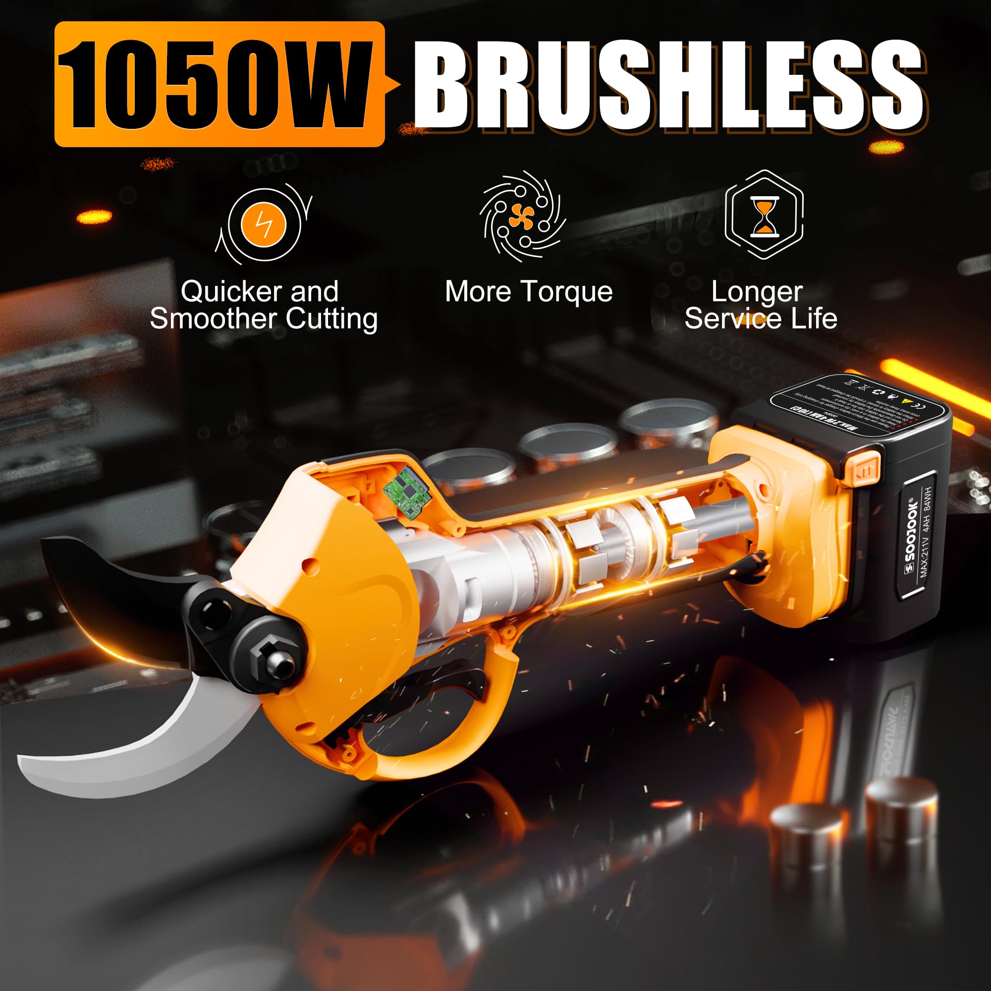 8605PRO Akku Astschere, 40mm Professionelle Elektrische Gartenschere, 1050W 2x21V 4A Akku Baumschere