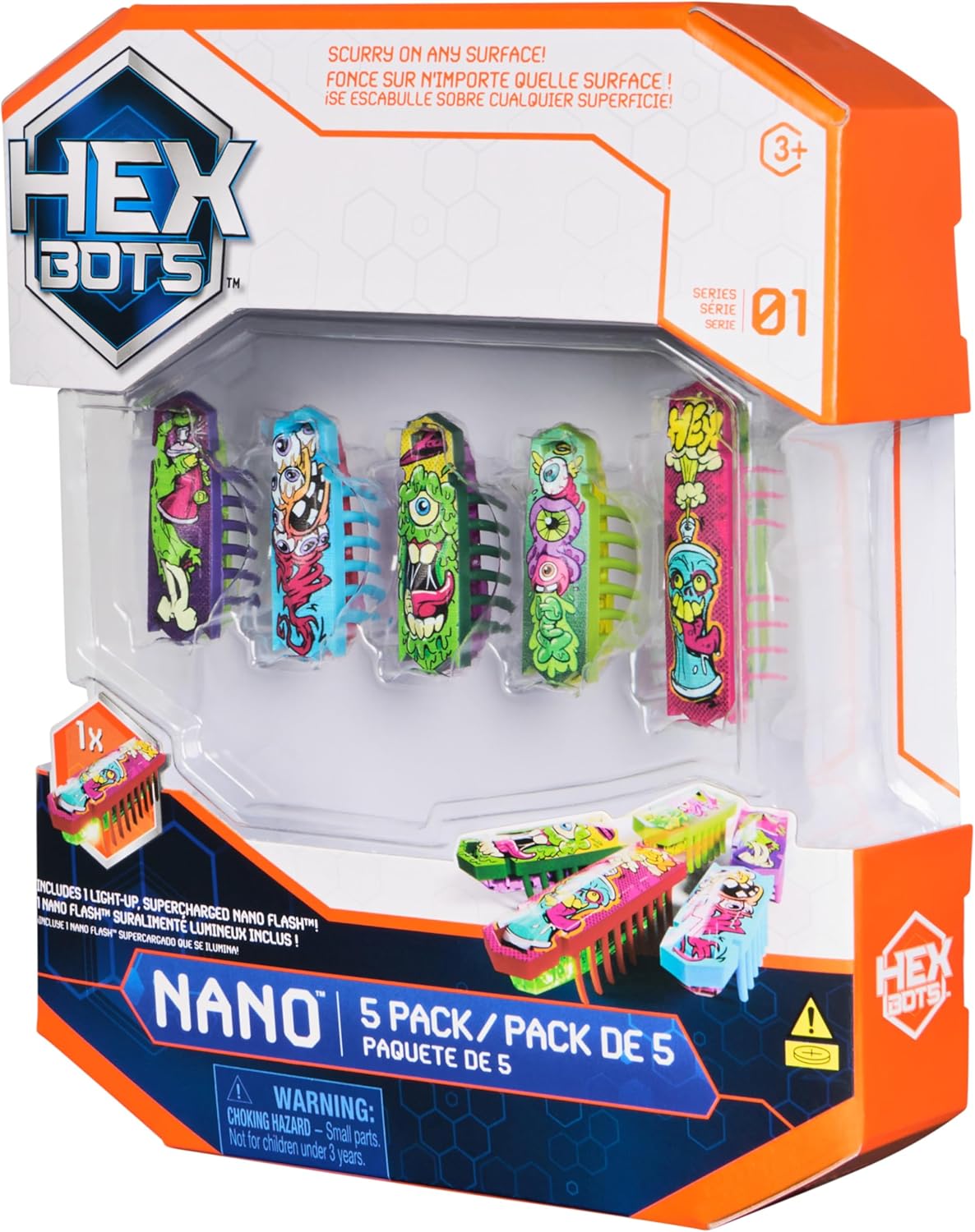 HEX BOTS Nano 5 Pack, 4 Mini Bots with Bonus Flash Bot, Sensory Toy for Kids & Cats, Vibration Technology, Mini Robot Toy for Kids 3 & Up