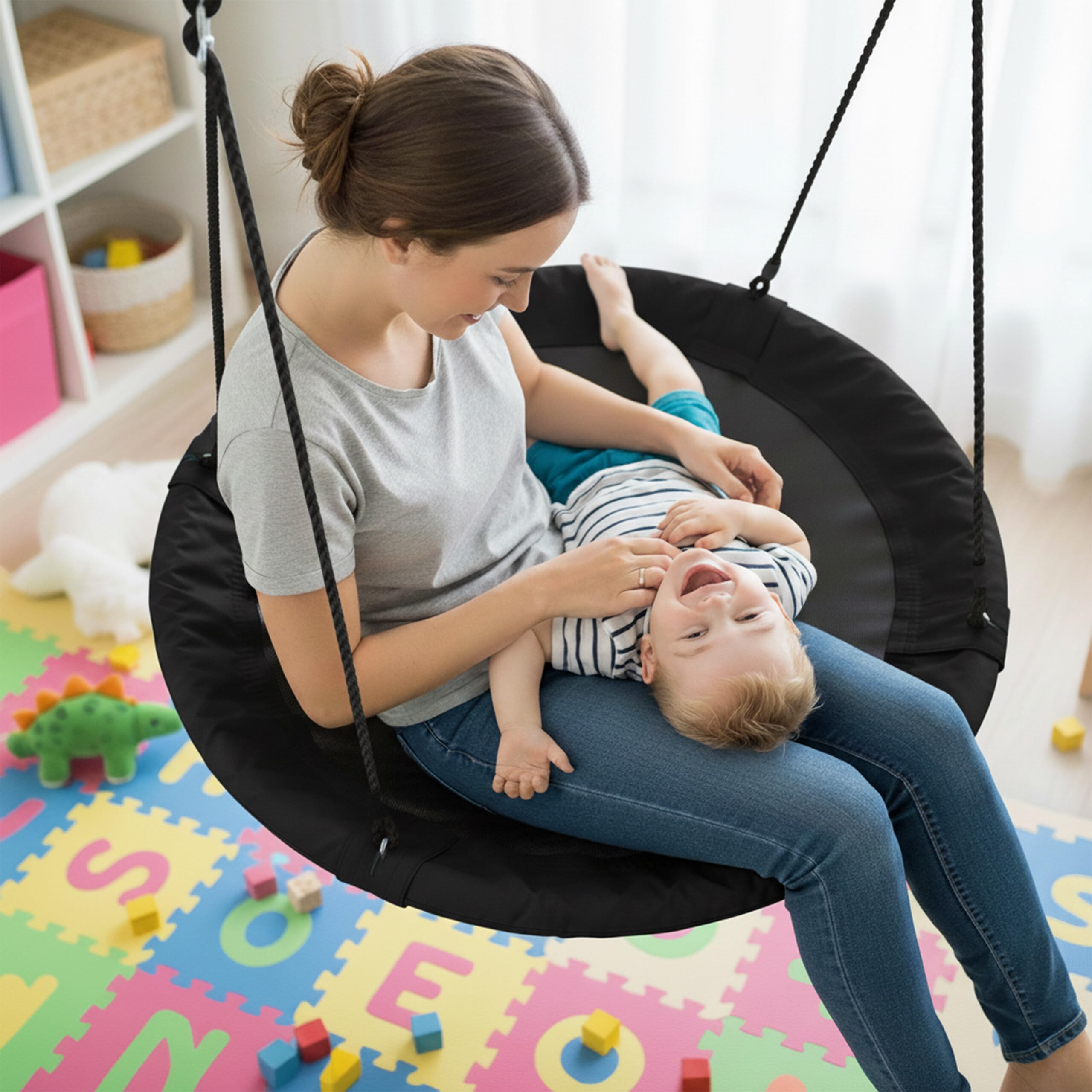 Relaxdays Balançoire nid d'oiseau Ronde, Ø 110 cm, à Suspendre, 100 kg, Noir, Enfant Adulte Jardin extérieur