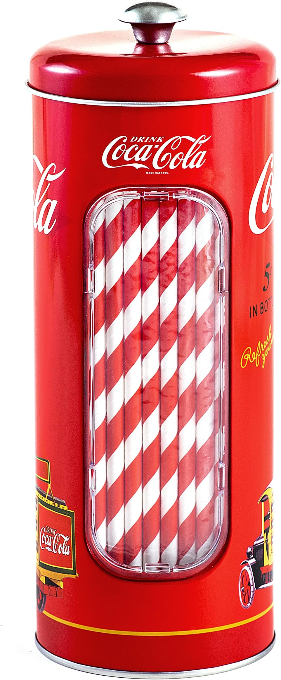 Coke Straw Holder Tin with 20 Paper Straws Inside, 3-3/8 x 8-1/4"H, Red and White (771517-12) - Good for 8" Straws or Less