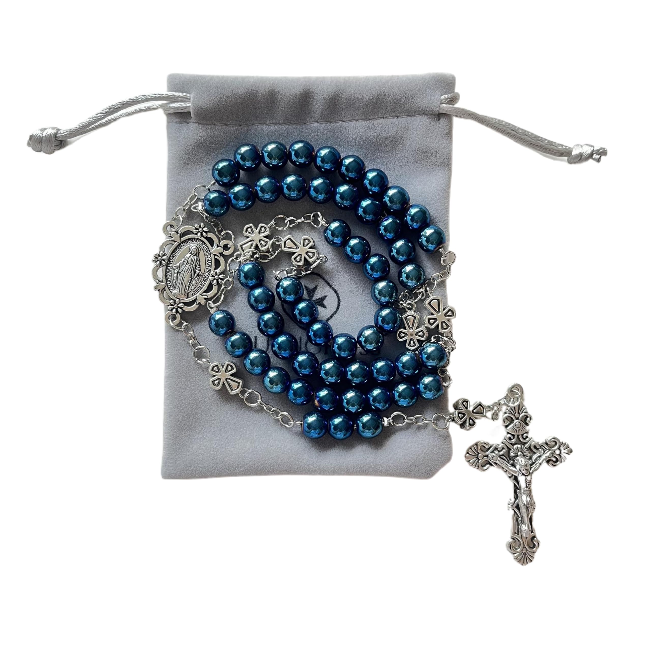 lulucross 8mm Catholic Cross Blue Hematite Rosary Beads, Rosary Necklace for Men Women, God Prayer Catholic Faith Jewelry Gift, Religious Inspirational Accessories