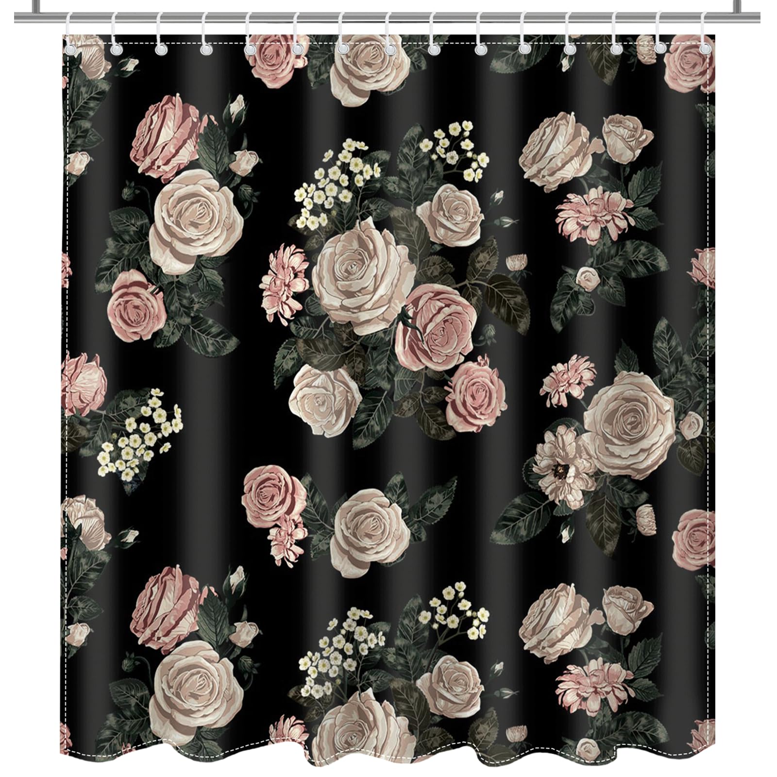 Vintage Boho Floral Shower Curtain for Bathroom, Black Flowers Shower Curtain for Retro Farmhouse Bohemia Bath Decor Waterproof Fabric Bath Curtain, 72 X 72 Inch