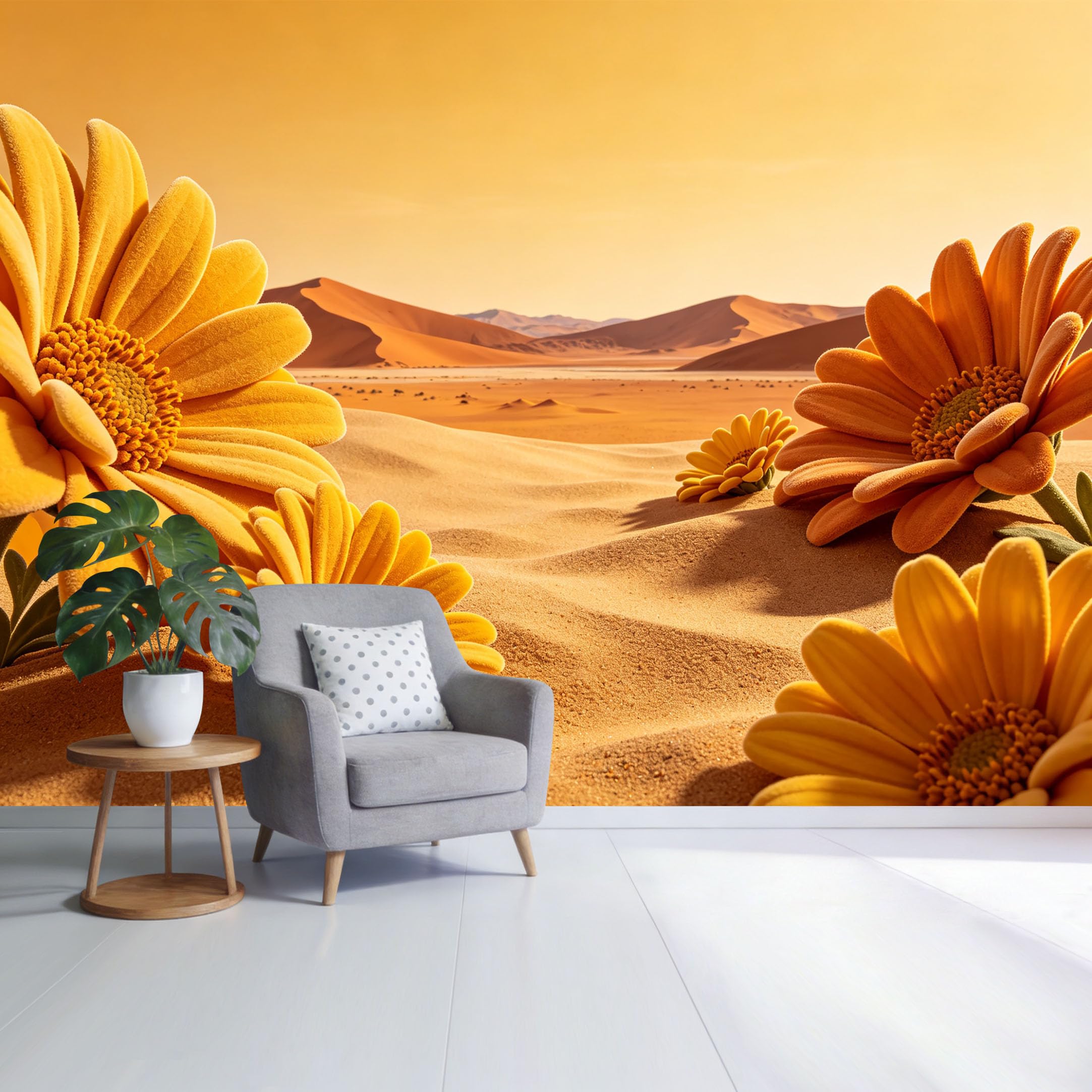 Custom Size Wall Mural Desert Landscape Yellow Daisy Flowers Sand Dunes Botanical Natural Aesthetic SelfAdhesive Wall Fabric Removable Wallpaper for Home Office Decor