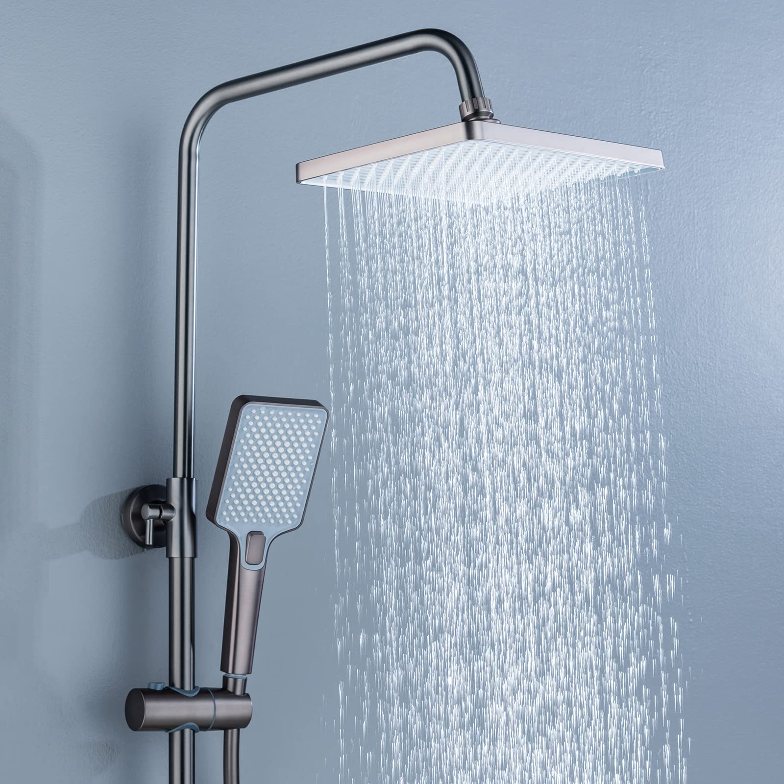 Sistema Doccia a Pioggia con soffione, Set Rubinetto a Parete, Miscelatore in Ottone, beccuccio per Vasca, doccetta a 3 modalità, spruzzatore per Bidet, Grigio (Nero)