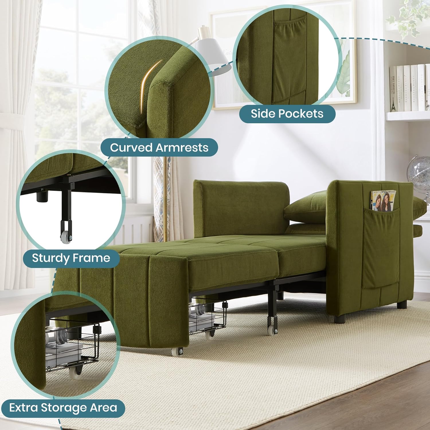 Merax Convertible Chair Bed, 3-in-1 Pull Out Sleeper Couch with Adjustable Backrest, Side Pockets and a Storage Basket, Chenille Folding Sofa Bed for Living Room, Apartment, Green