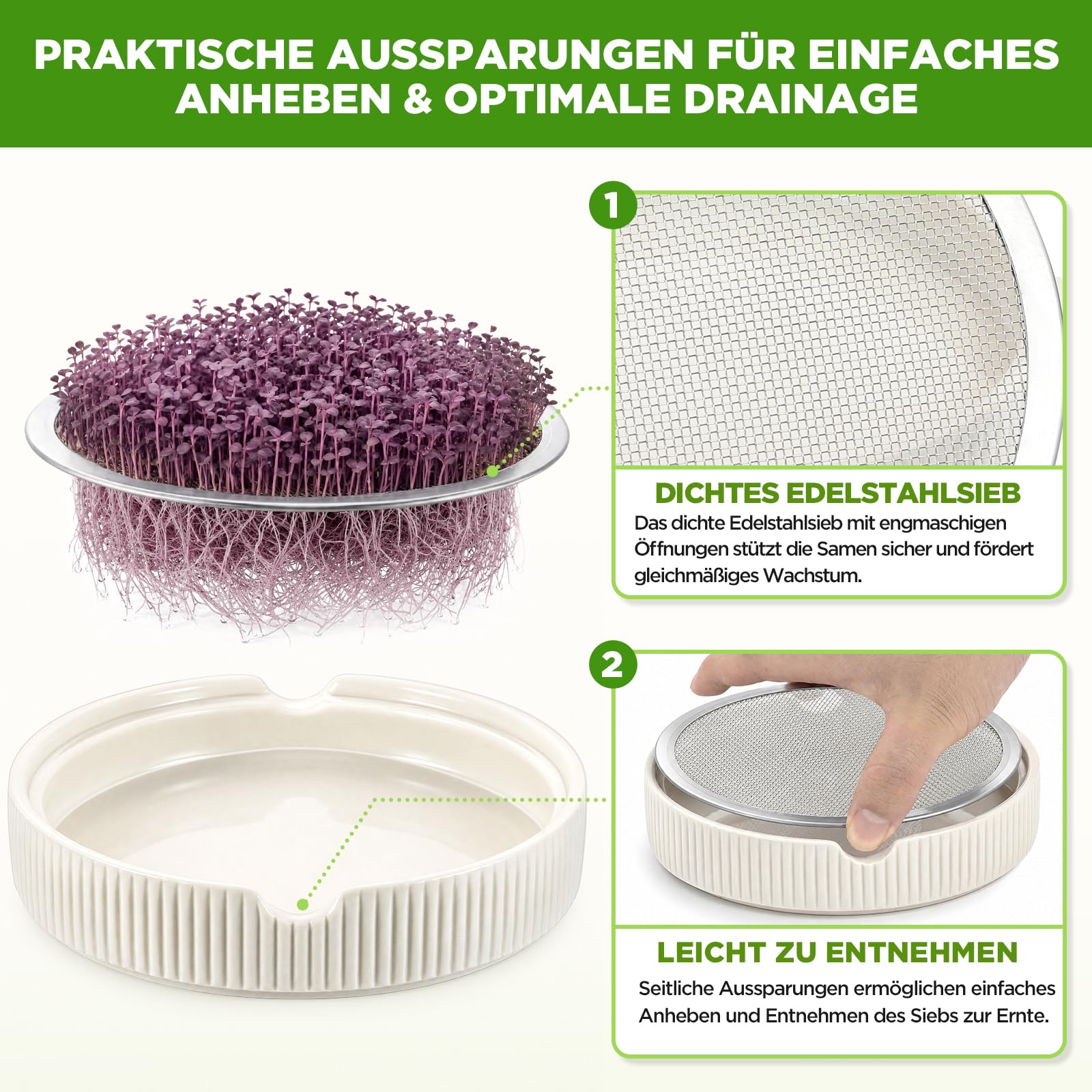 ecooe Kresse Anzuchtschalen 2er Set –Ø 15 cm Kressesieb mit Edelstahlsieb, Keimschale mit Pflanzanleitung, Microgreens Anzuchtschalen, keimglas für Sprossen, Weiß Premium Keramik sprossenglas