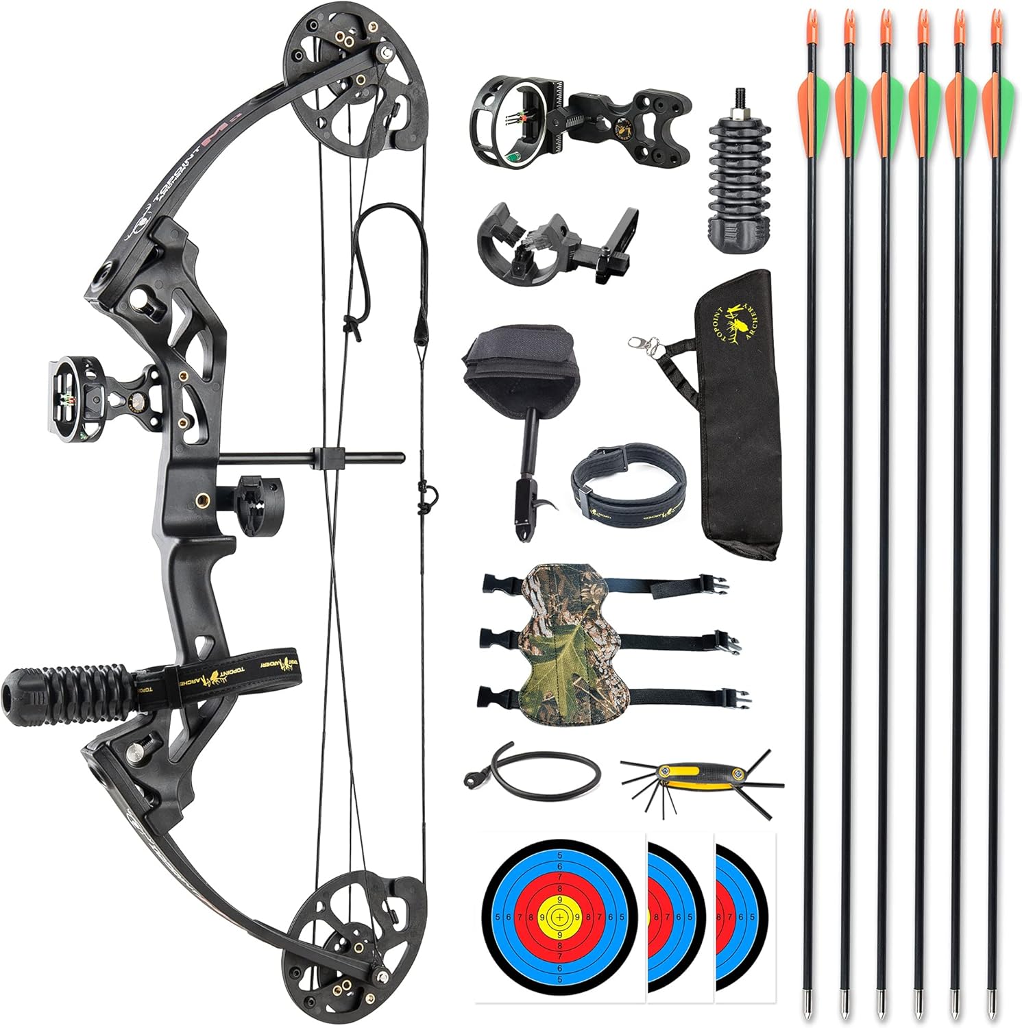 Amazon Com Topoint Archery M3 Compound Bow Package For Beginners Junior Kids Bow 17 27 Draw Length 10 30lbs Adjustable 260fps Ibo Axle To Axle 26 Bow Only 2 54lbs Lightweight Design Black Pro Package Sports Outdoors