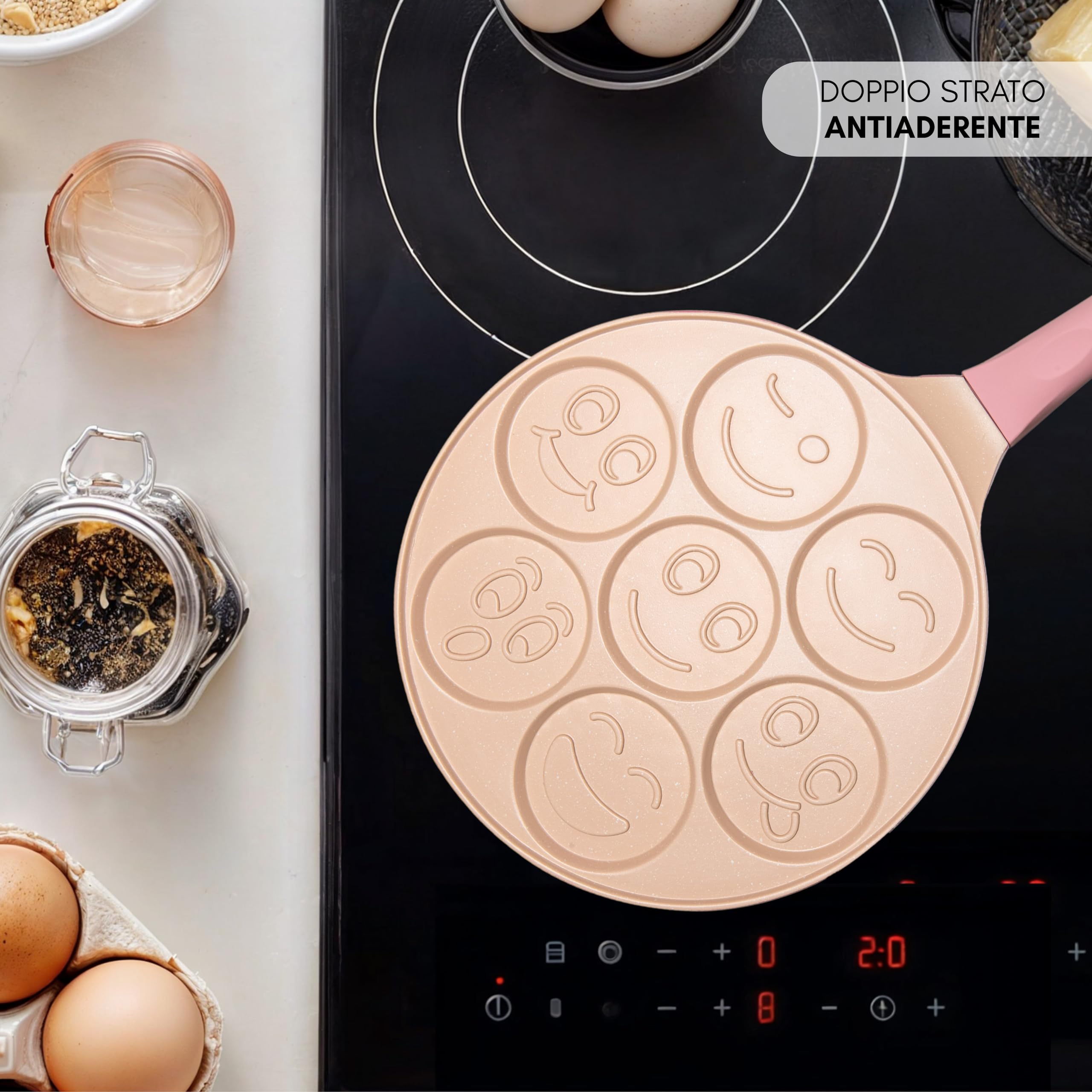 Erreke Padella per Pancake, Crepiera, Tutti i Piani Cottura e Induzione, Doppio Rivestimento Antiaderente, Design Faccine, Manico Soft-Touch, 7 Pancake o Crepe, 26 cm Colore Rosa