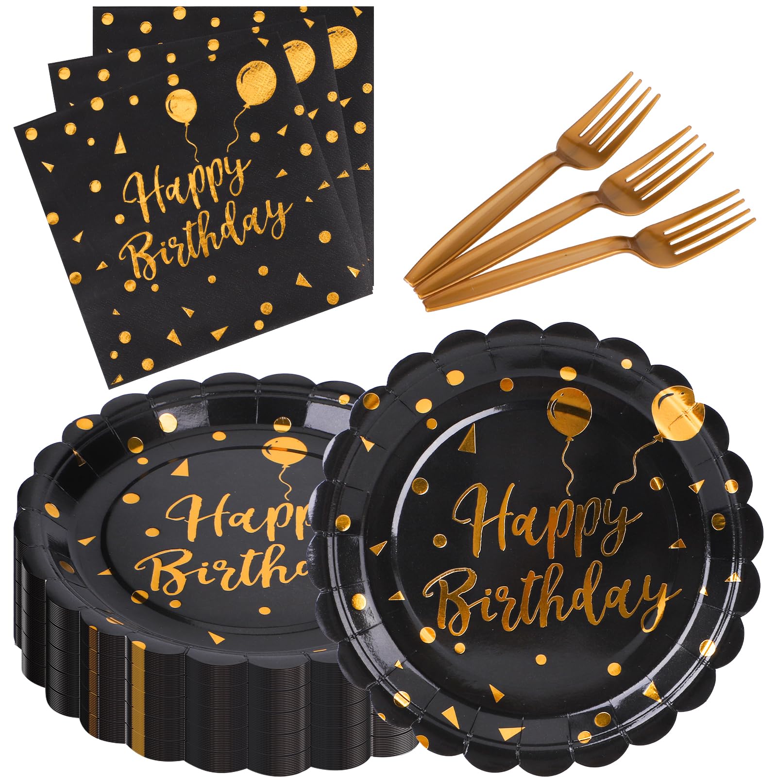 105PCS Happy Birthday Plates and Napkins Party Supplies, Scalloped Paper Plates and Napkins with Forks Tableware Set for Birthday, Serve 35 (Black)