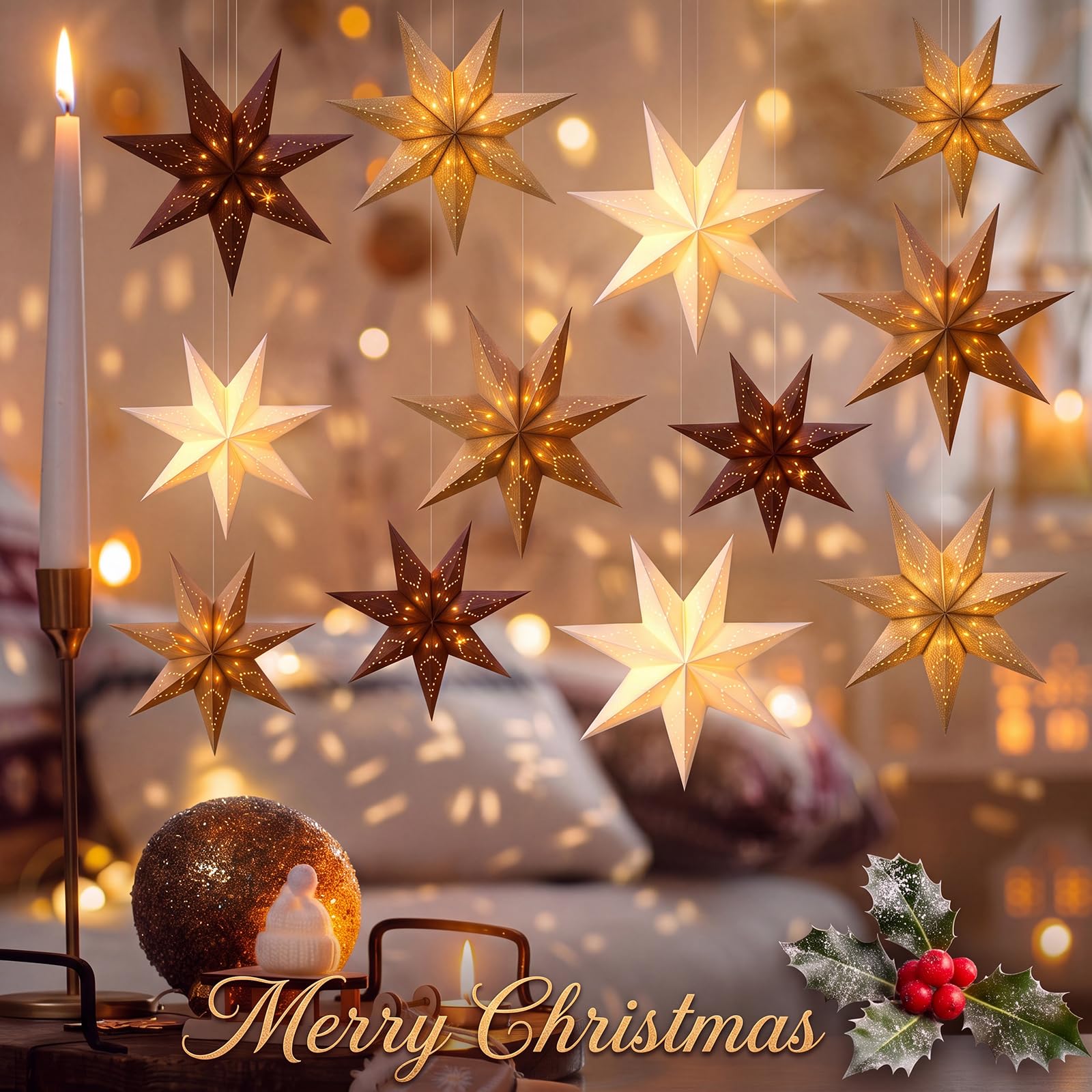 Youyole Juego de 12 faroles de papel de Navidad con luces, 7 puntiagudos