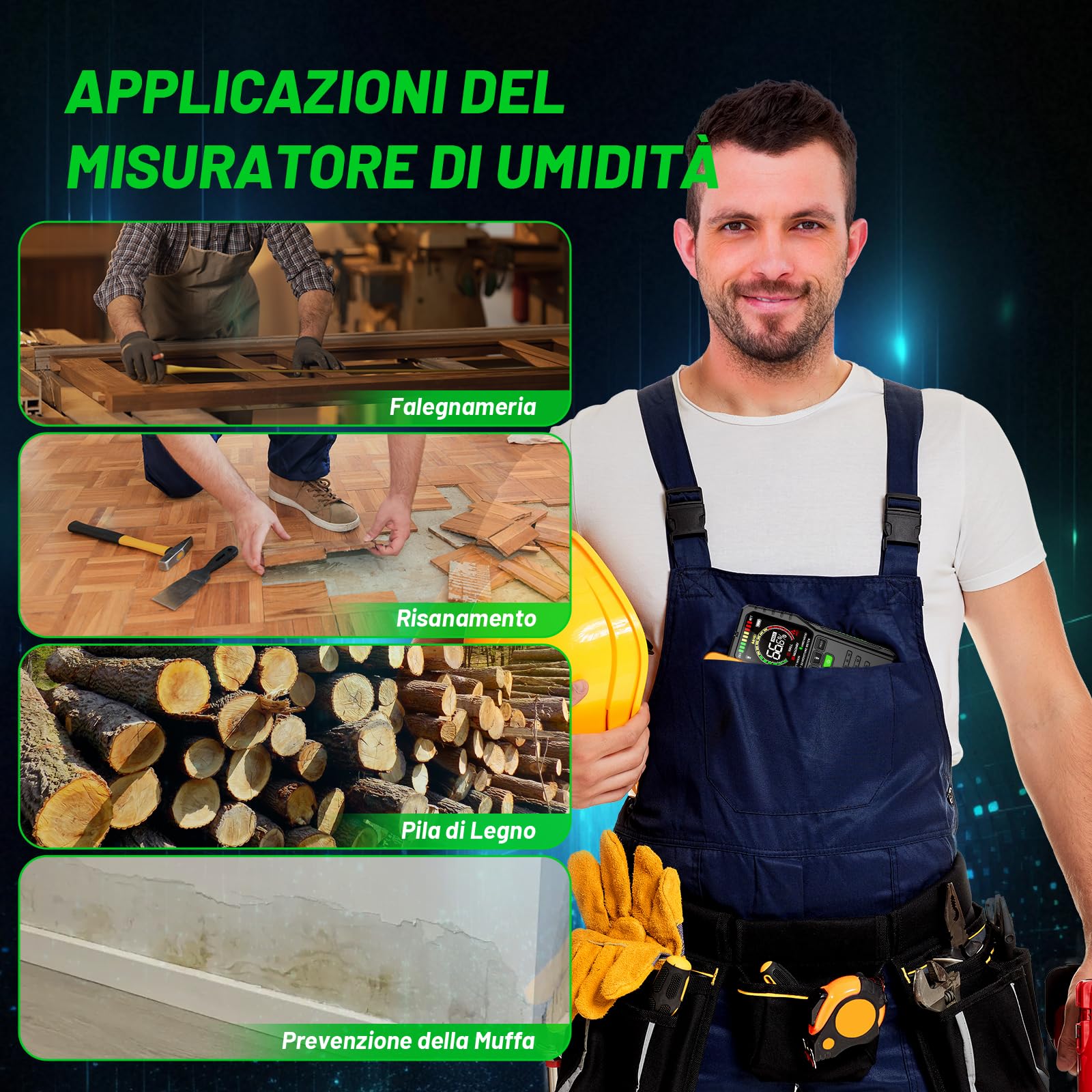 Misuratore e Rilevatore Umidità per Muri, Legno e Materiali da Costruzione, non Distruttivo con Display LCD e Allarme Sonoro