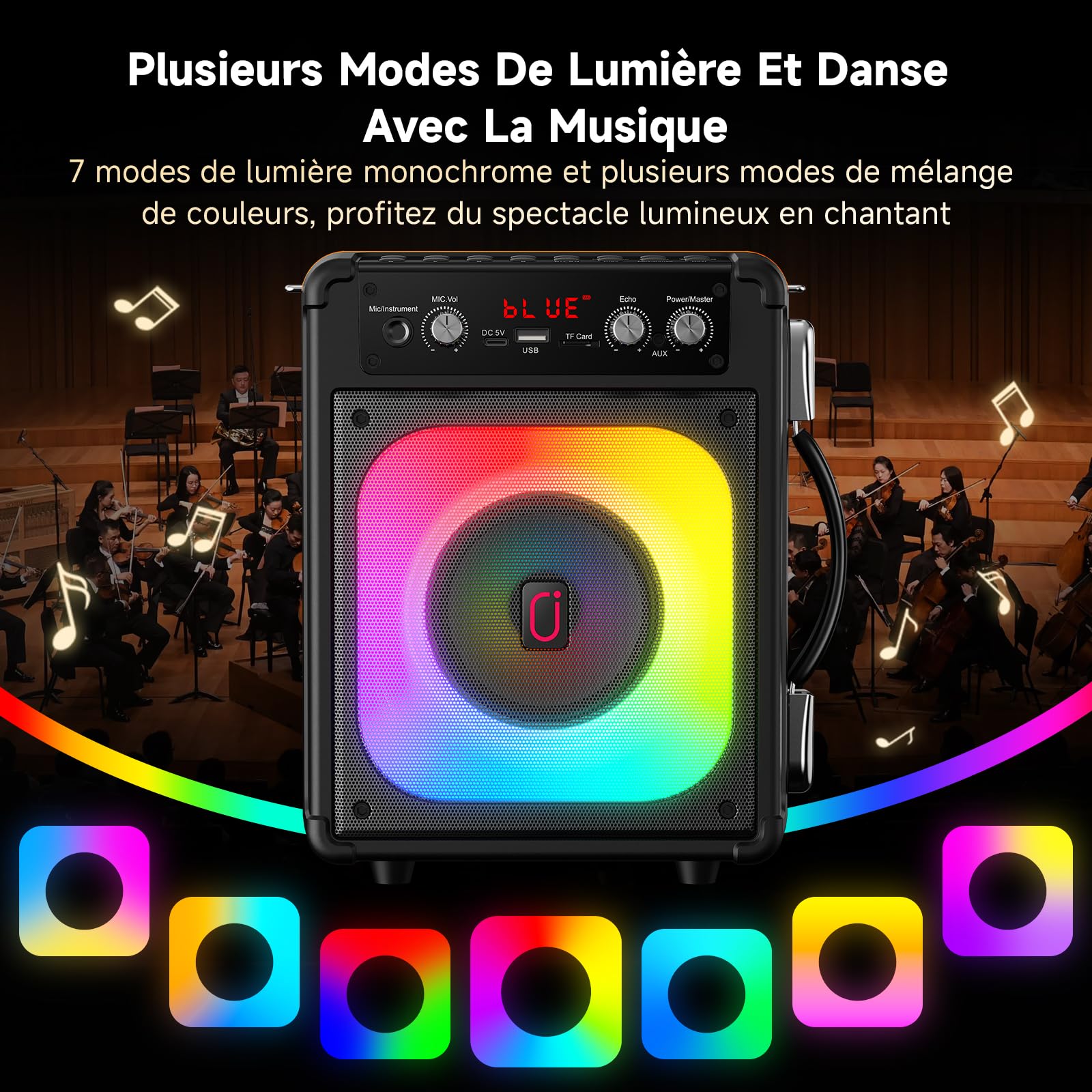 HWWR Enceinte Karaoke 2 Micro sans Fil, 60W Haut-Parleur Karaoke Complet avec Lumières de fête, Karaoke Adulte et Enfants, Portable Système Karaoké Support TWS/AUX/FM/USB/TF Carte