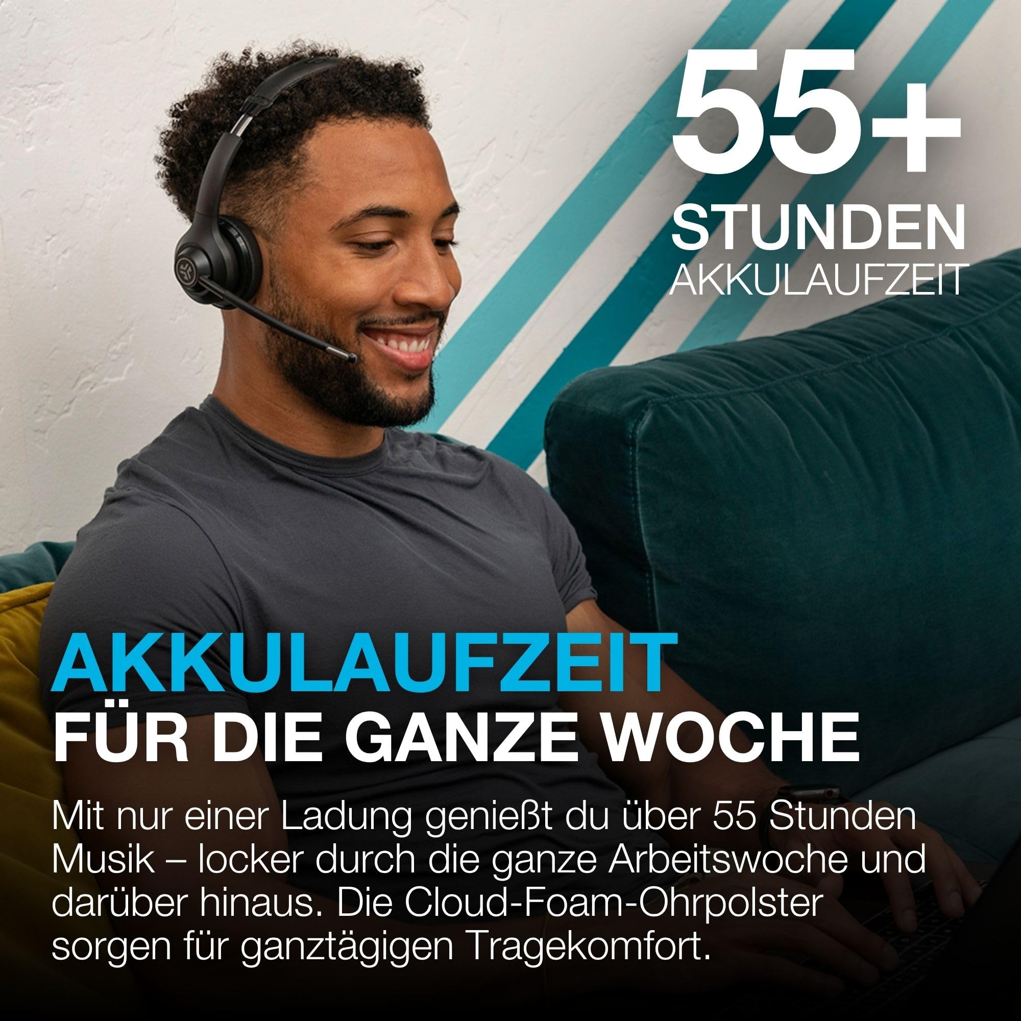 JLab Go Work 2nd Gen Bluetooth Headset mit Mikrofon & USB C Dongle, Akku 55h+, Wireless Headset PC mit Noise Cancelling Mikrofon, kabellos & per Kabel, Multipoint, für Handy, Office, Büro