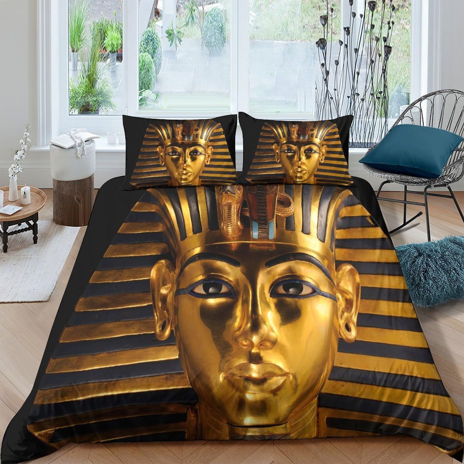 Ctjqhvkz Style-7 3D Printed Pharaoh Gold Fitted Sheet Microfiber Soft Decorative Egyptian Mask Bed Cover For Bedroom Guest Room Single（135X200cm）