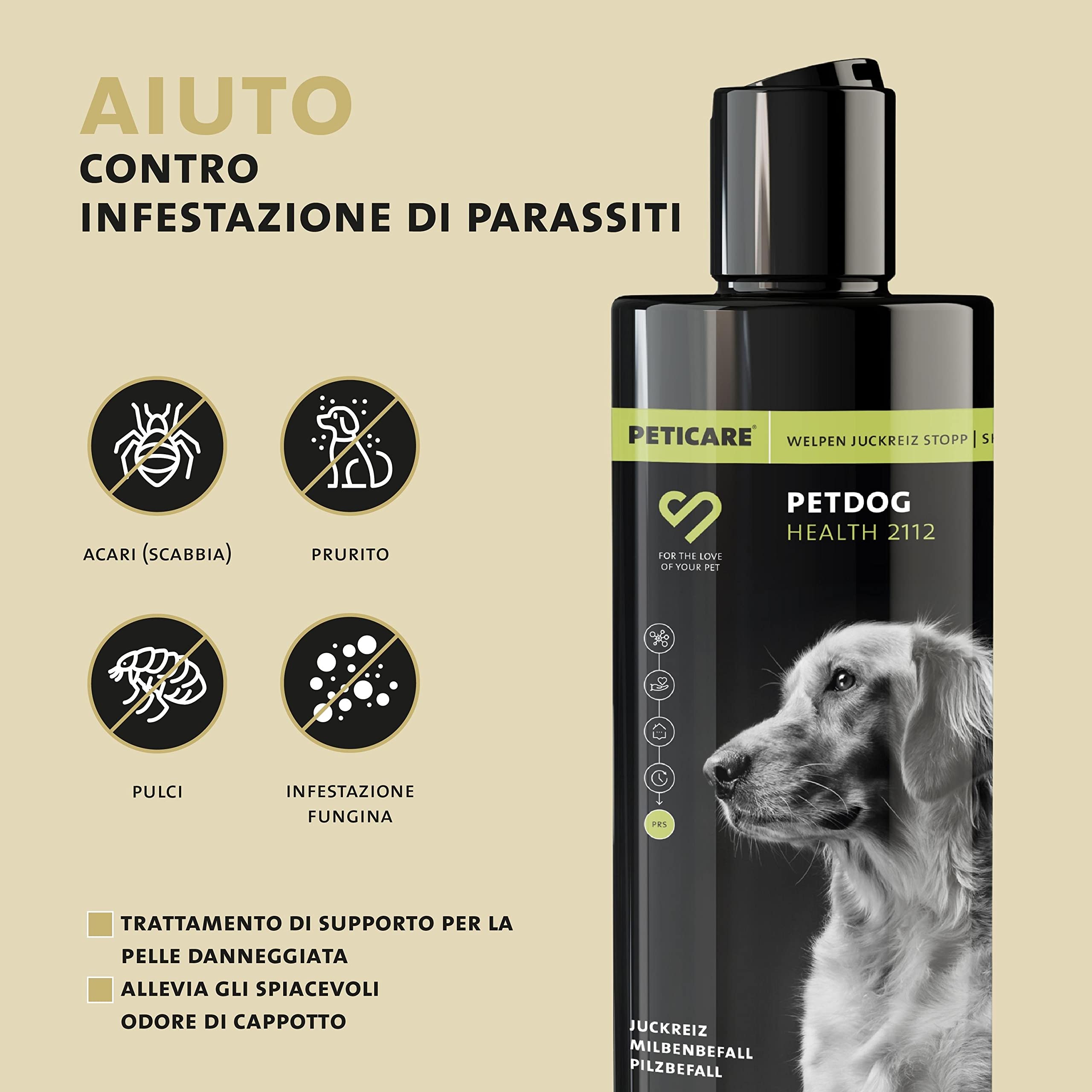 Peticare Shampoo Cuccioli Prurito e Acari – Scudo Cura Immediata per Parassiti – Senza Insetticidi – con Proteine della Seta – Shampoo Lenitivo