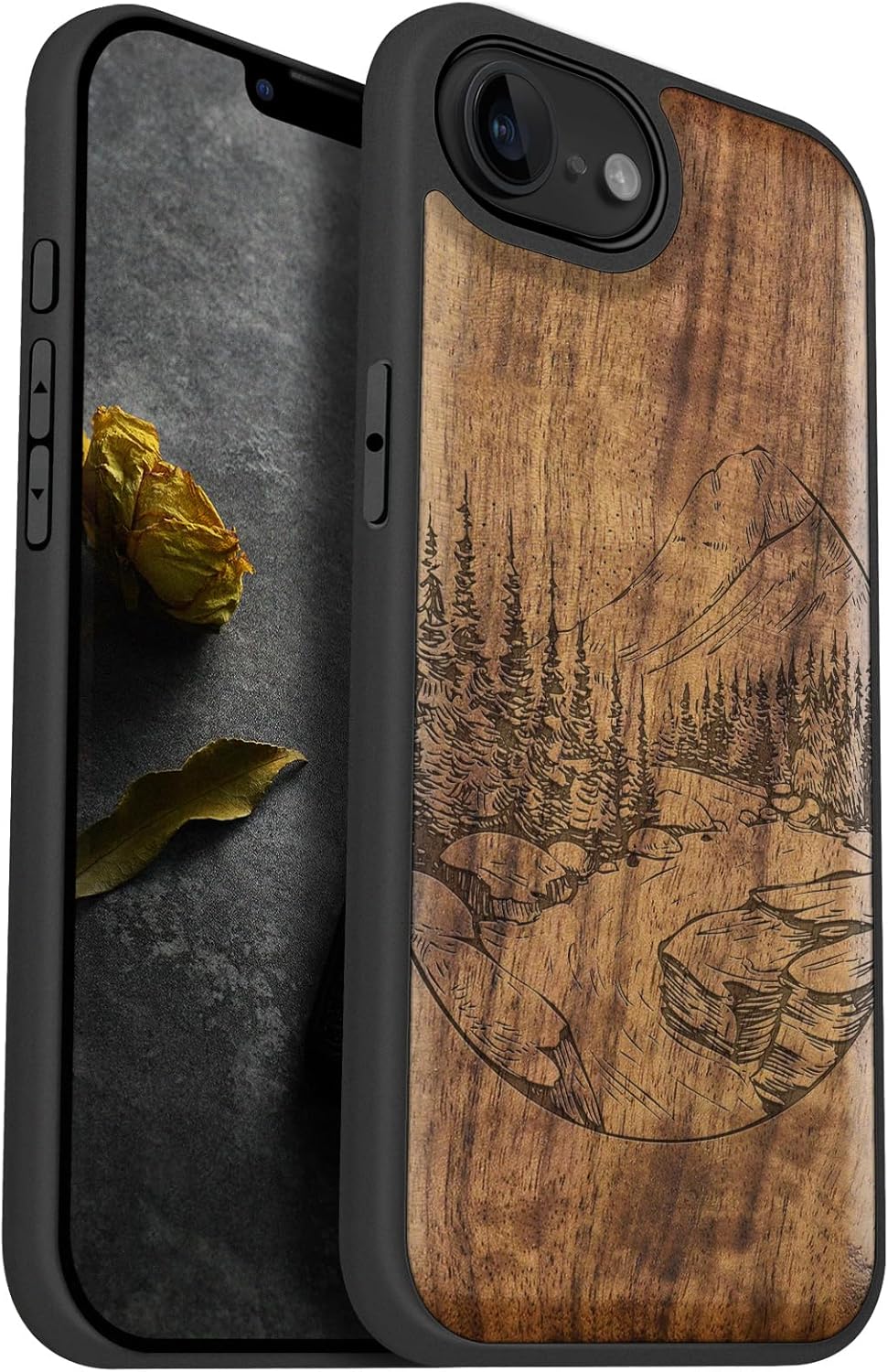 Carveit Magnetic Wooden Case for iPhone 16e / 17e, Solid Wood & Black TPU, Artisan Engraved Design, Shockproof Cover, Compatible with MagSafe Wireless Chargers, Lake and Mountain - Walnut