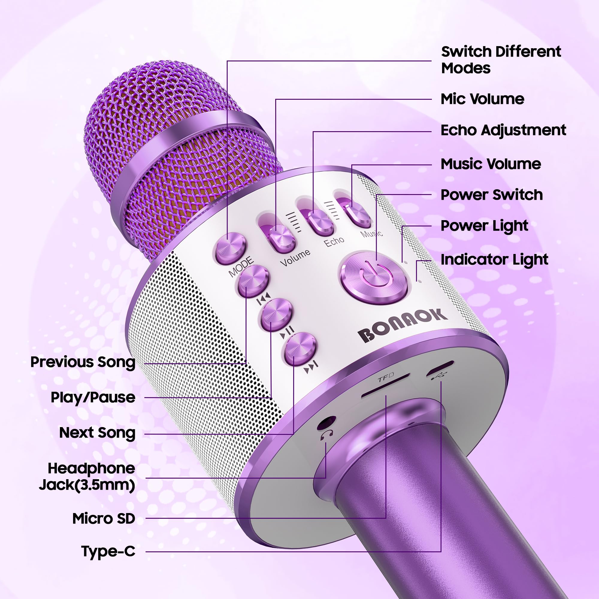 BONAOK Wireless Bluetooth Karaoke Microphone, 3-in-1 Portable Handheld Mic Speaker Machine for All Smartphones, Gift for Girls Boys Kids Adults All Age Q37(Light Purple) 3